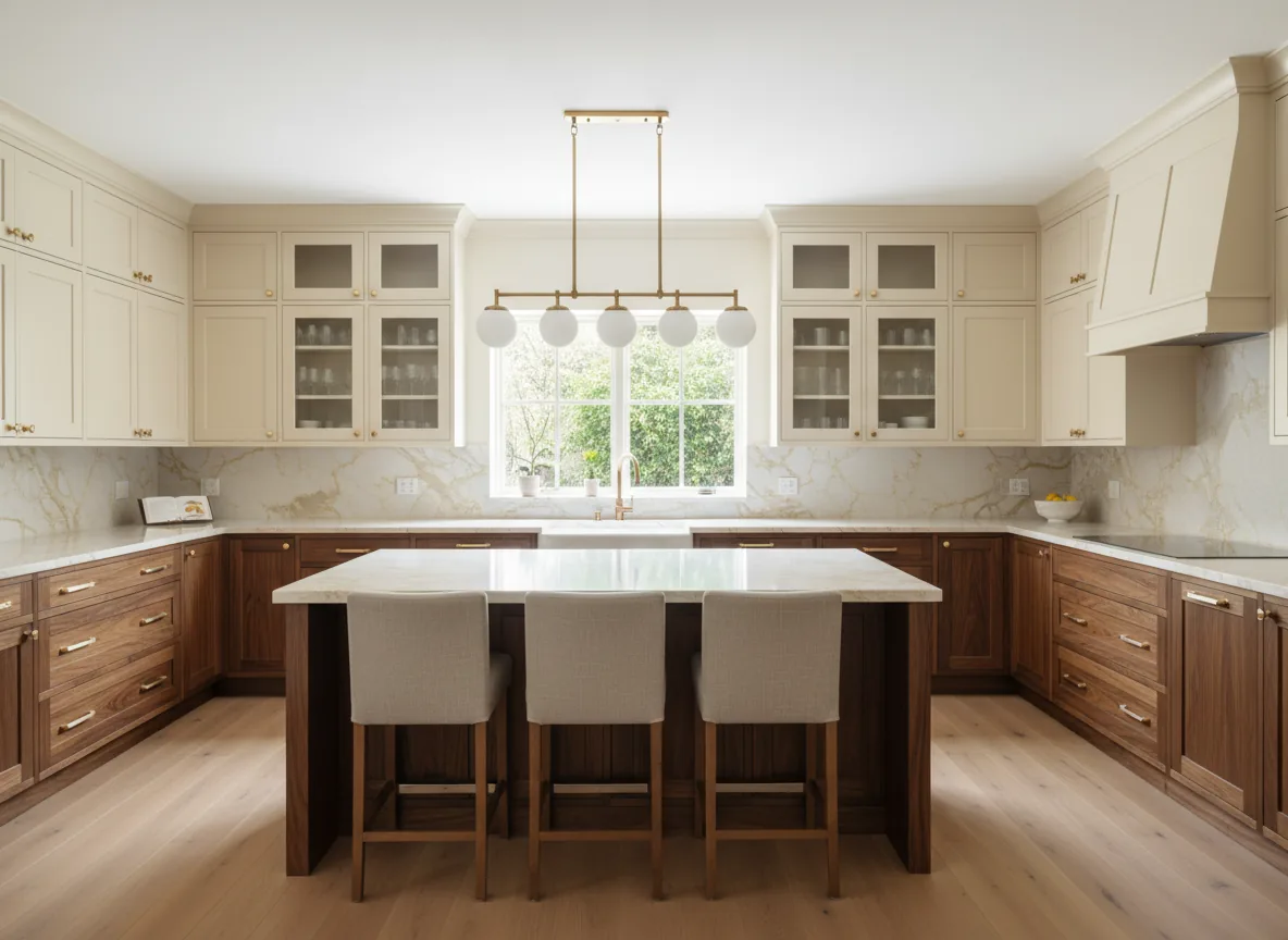 Two-tone cream upper and walnut lower transitional kitchen with Taj Mahal quartzite