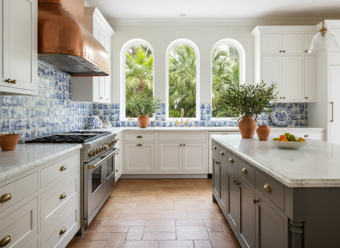 Palm Beach Mediterranean kitchen with arched windows and copper range hood