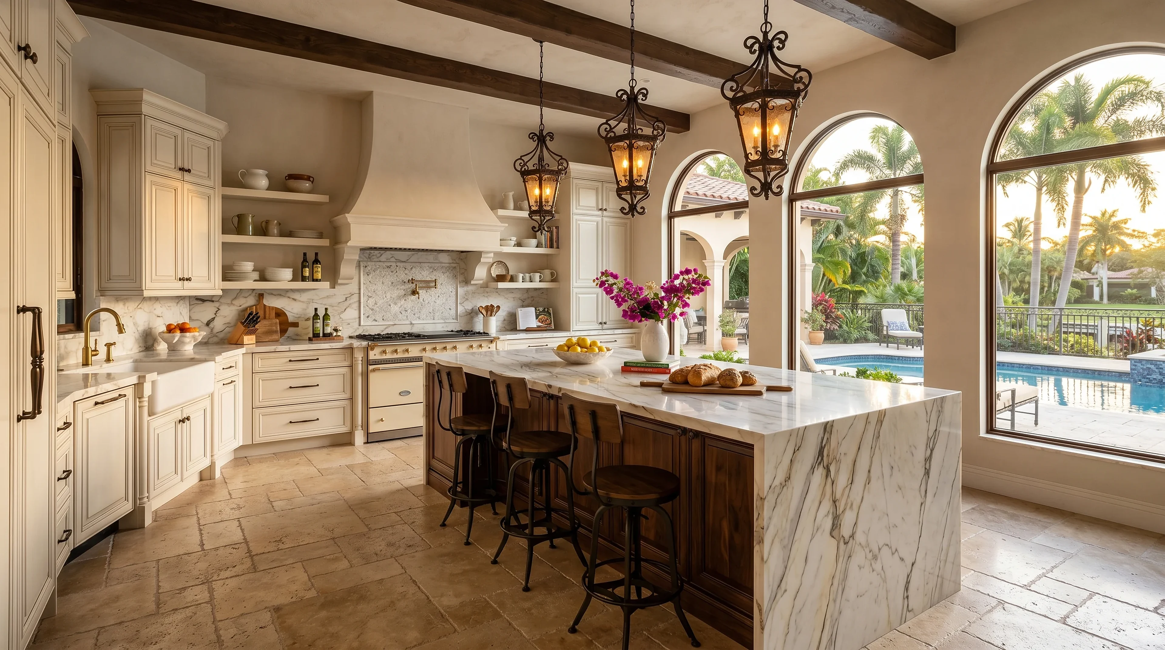 High-end Boca Raton kitchen remodel with custom cabinetry and a stone waterfall island