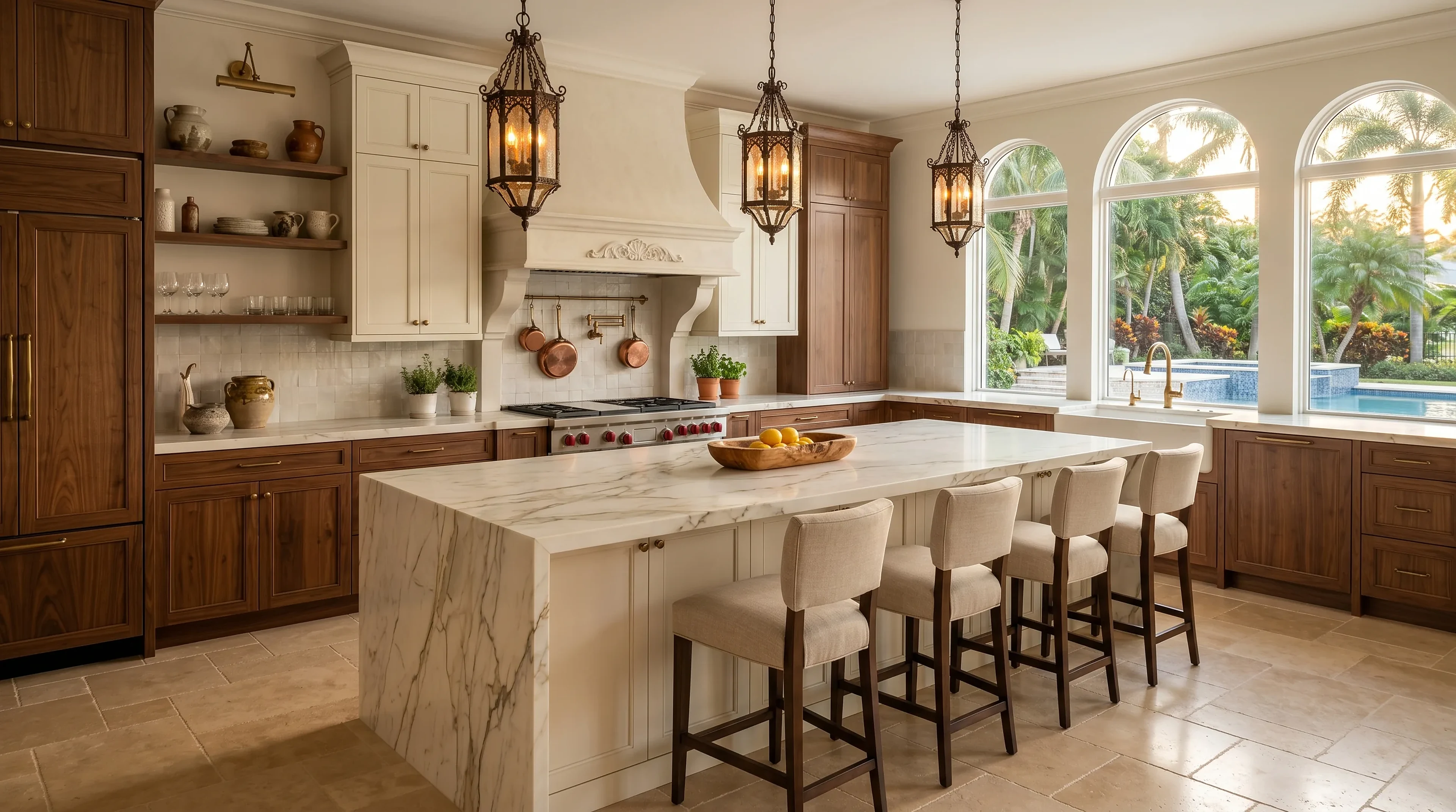 Upscale Boca Raton kitchen island design with premium stone counters and warm lighting