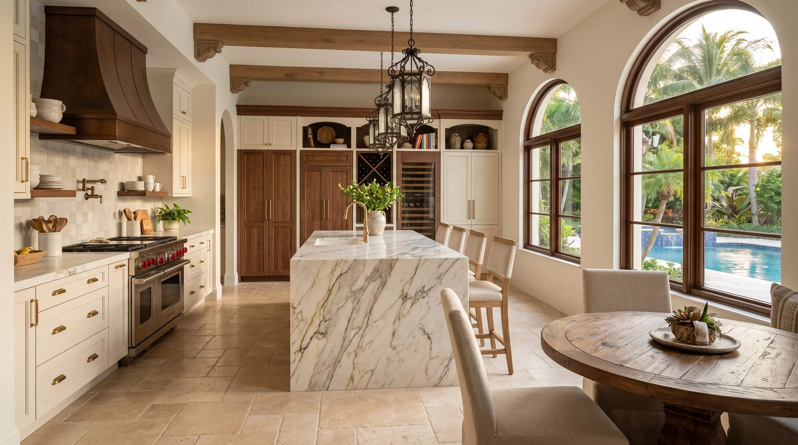 Bright Boca Raton kitchen remodel with large island, cabinet storage, and stone surfaces
