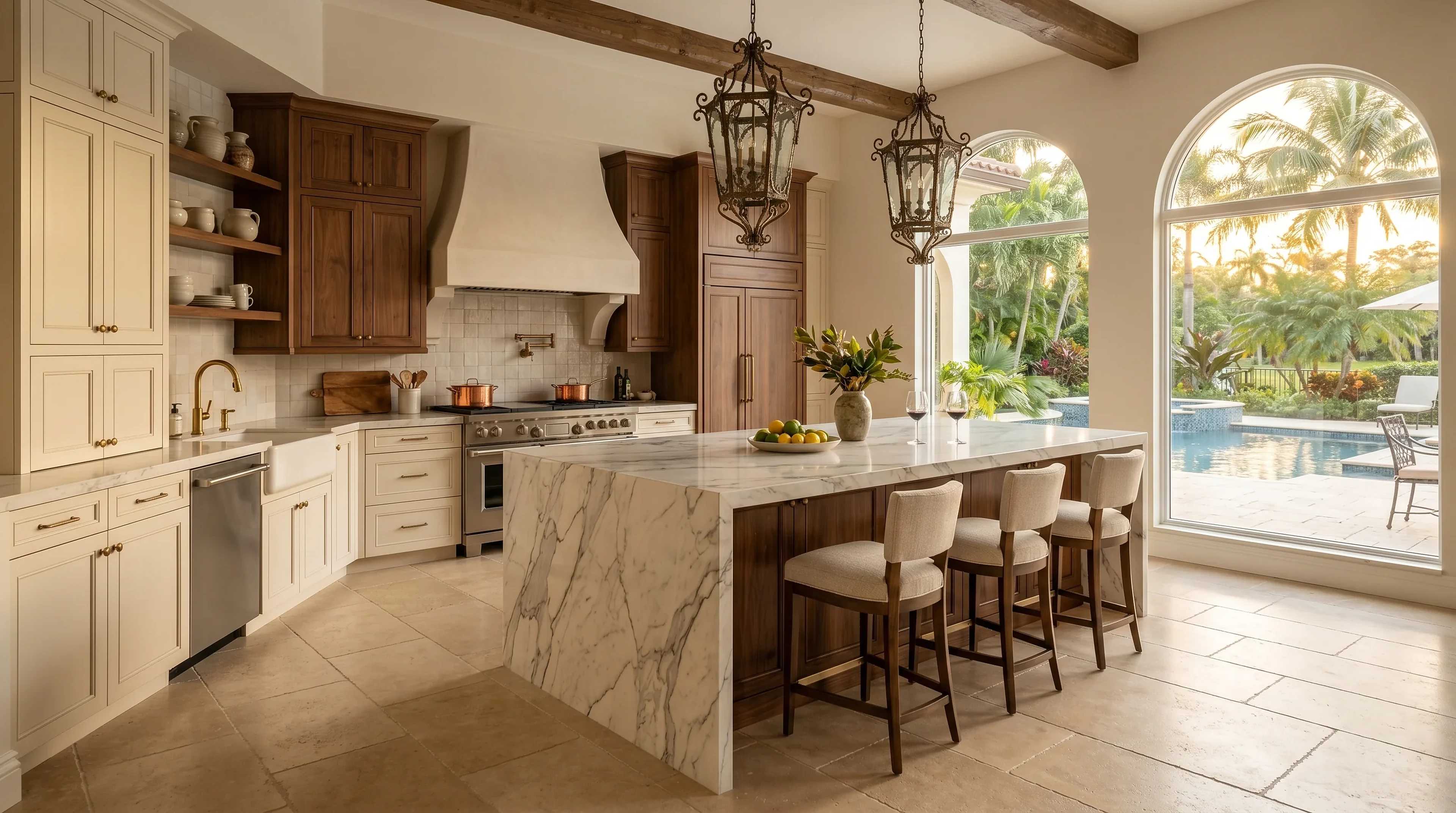 Luxury Boca Raton kitchen material inspiration with marble-look counters and designer lighting
