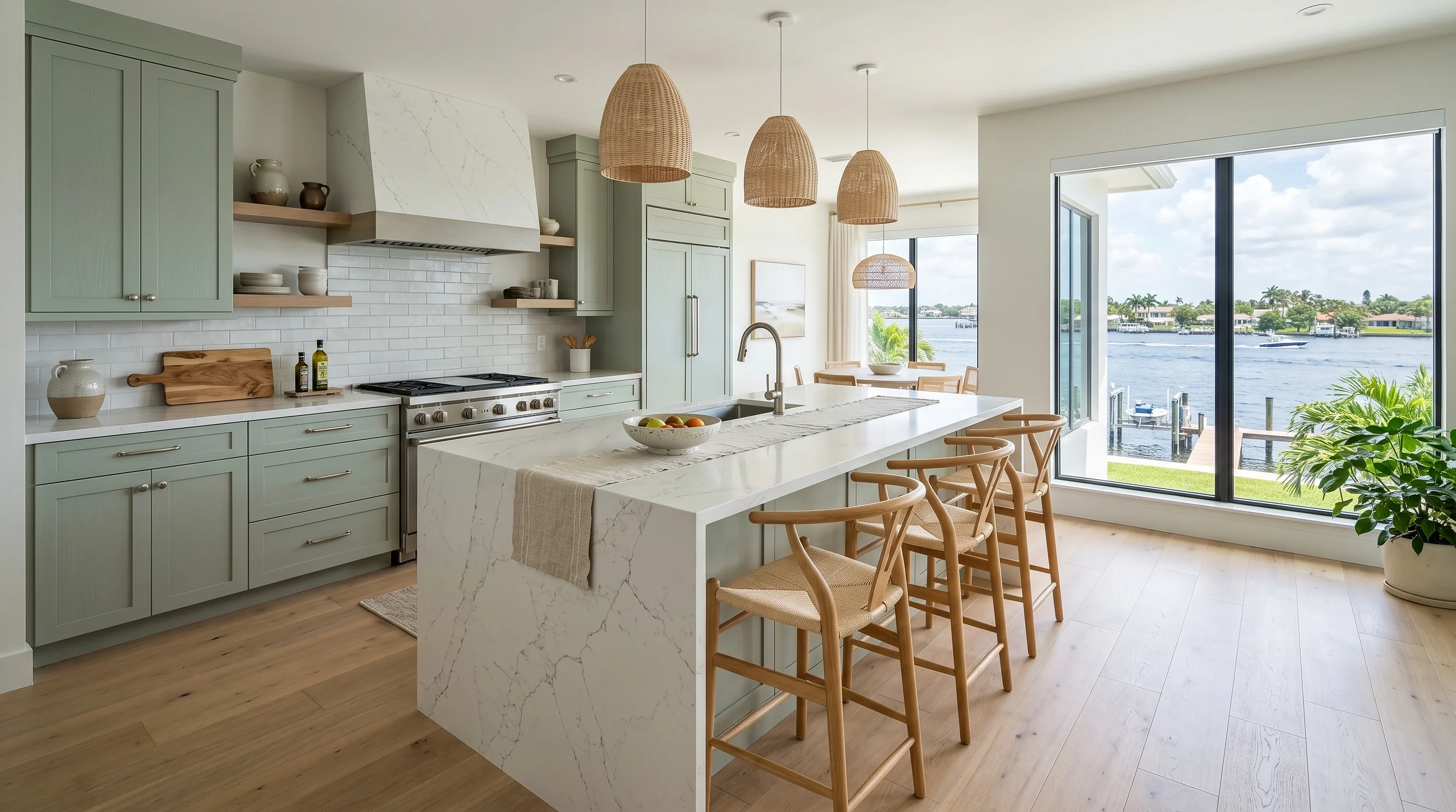 High-end Boynton Beach kitchen remodel with custom cabinetry and a stone waterfall island