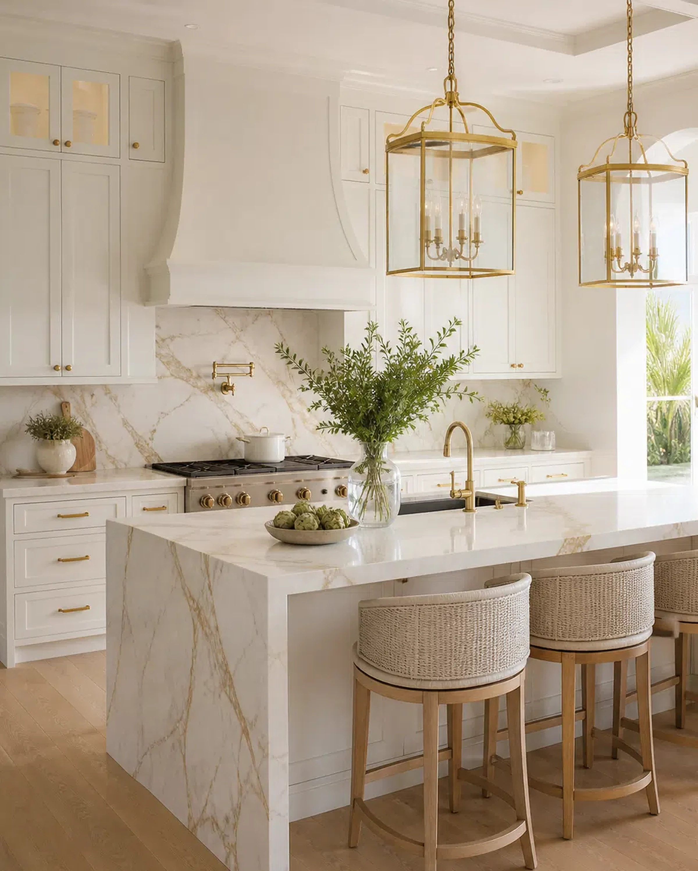 Luxury Boynton Beach kitchen with cabinet storage, quartzite-style island, and brass accents