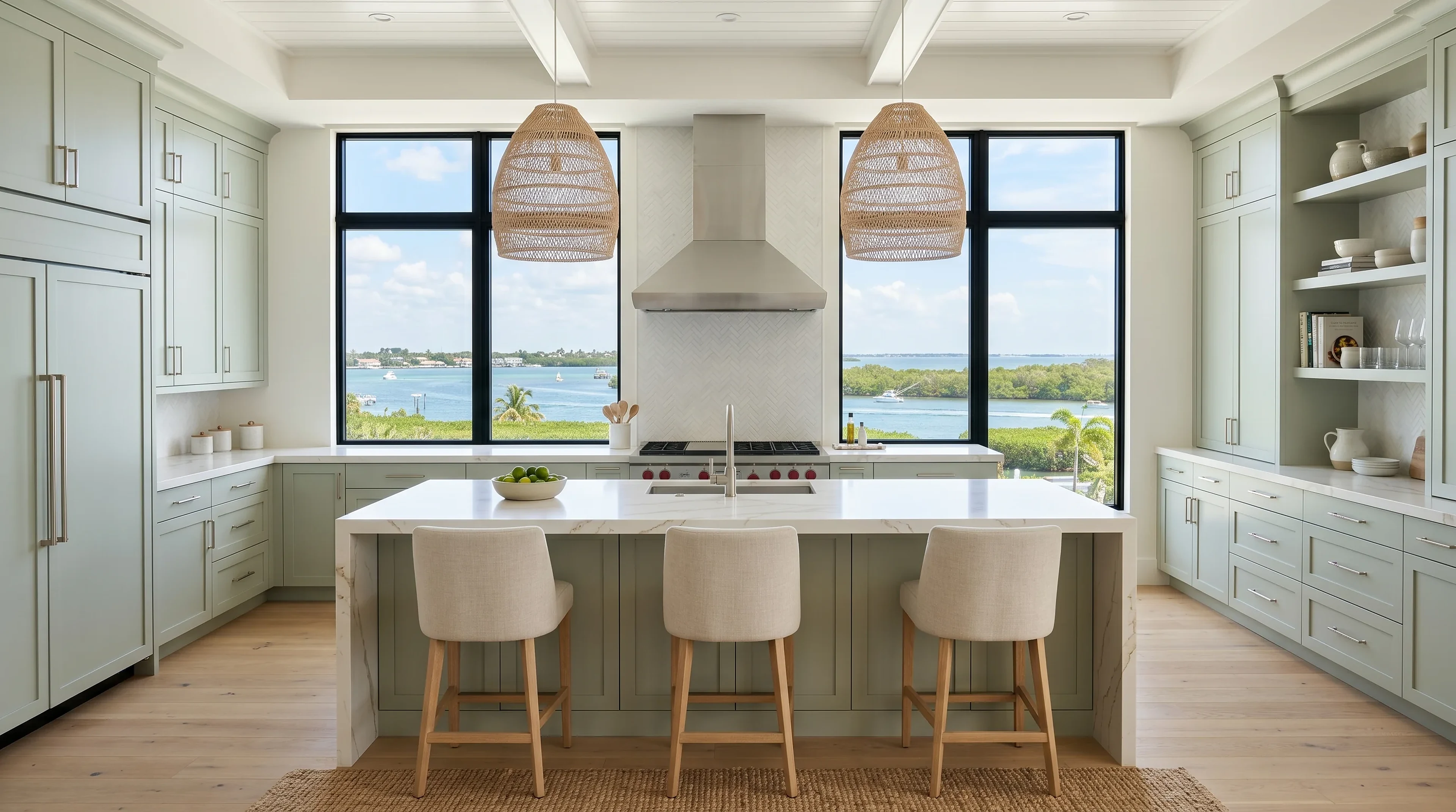 Upscale Boynton Beach kitchen island design with premium stone counters and warm lighting
