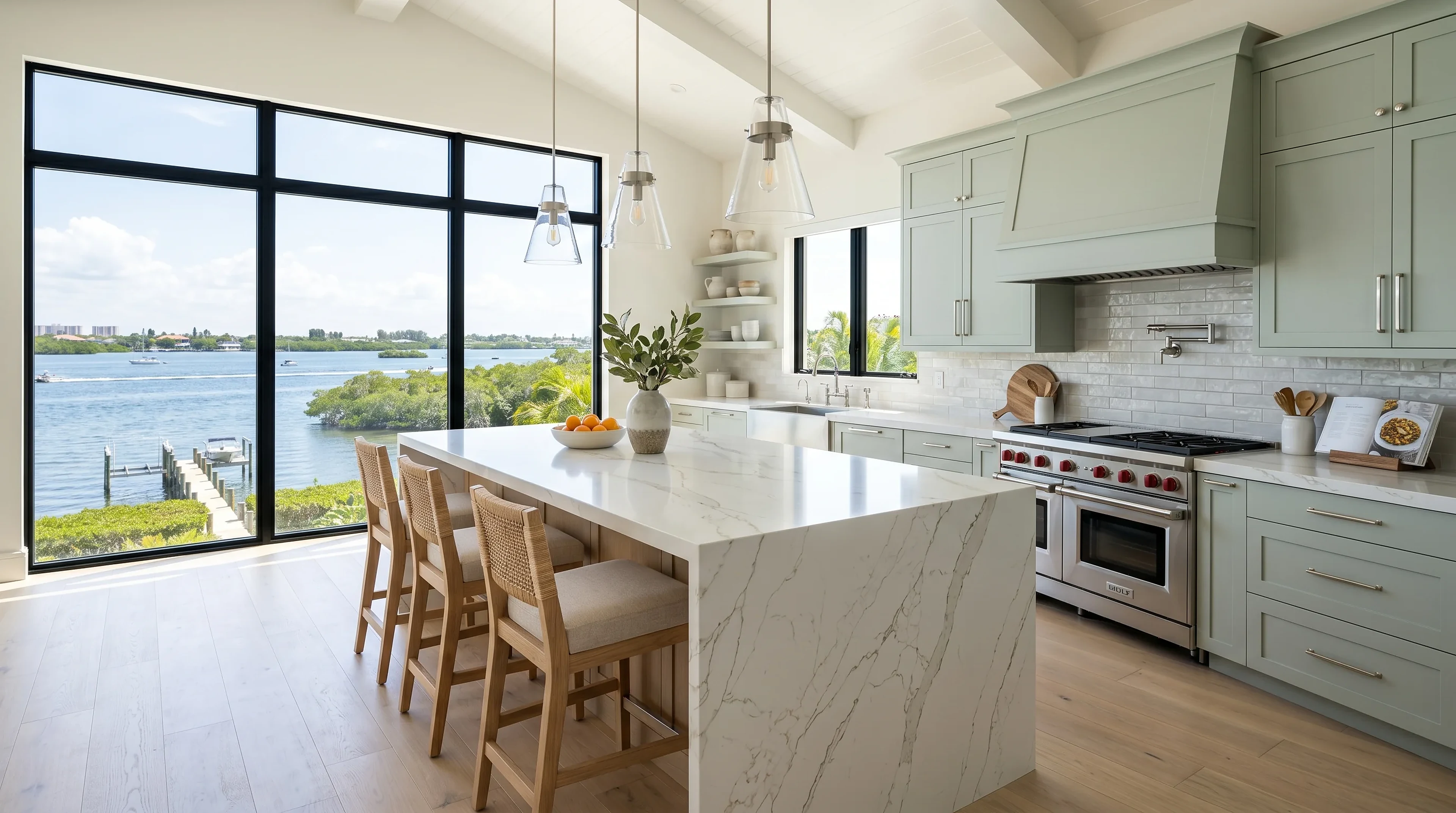 Luxury Boynton Beach kitchen material inspiration with marble-look counters and designer lighting