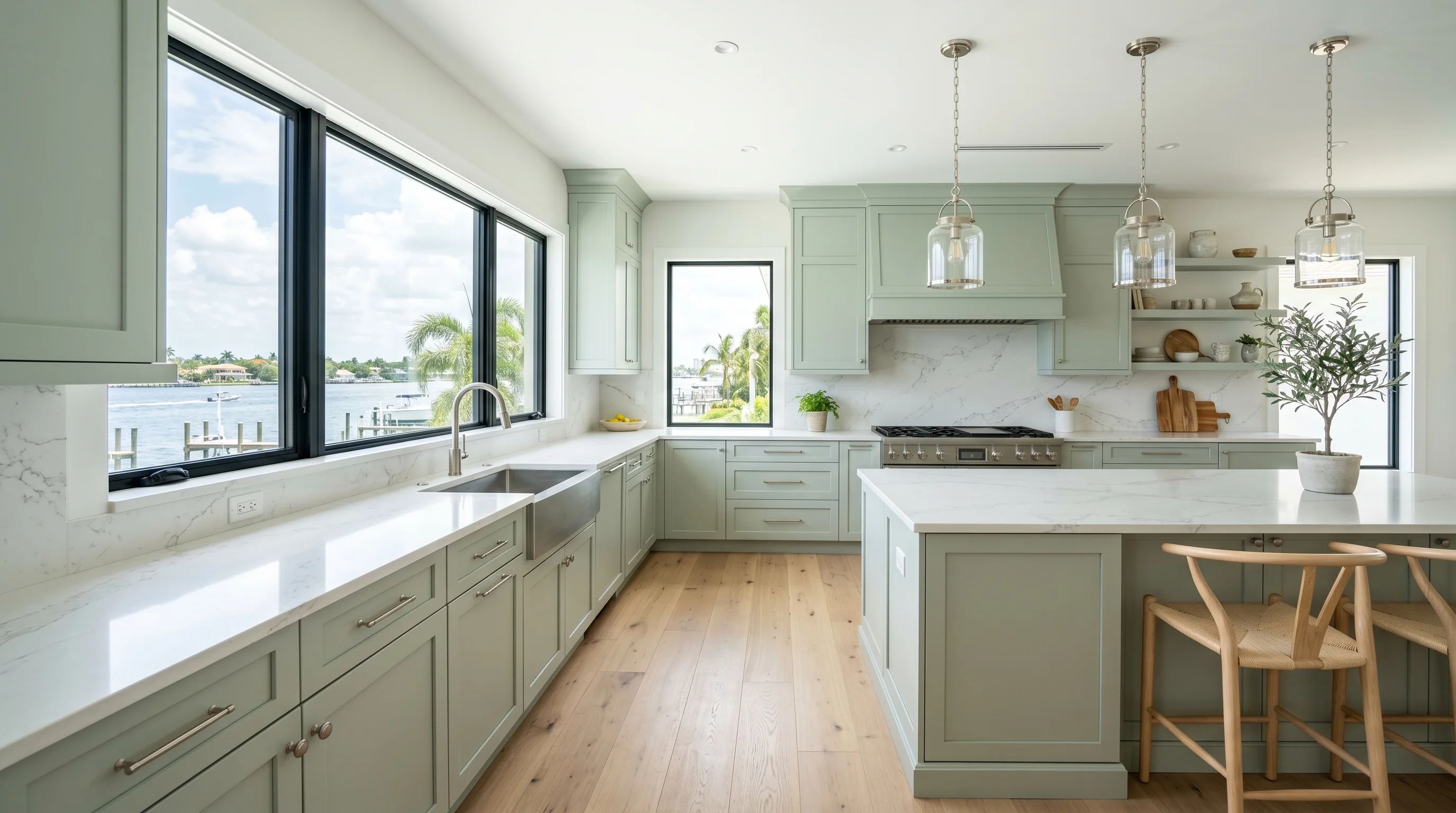 Modern Boynton Beach kitchen remodel with waterfall island and coordinated cabinet finishes