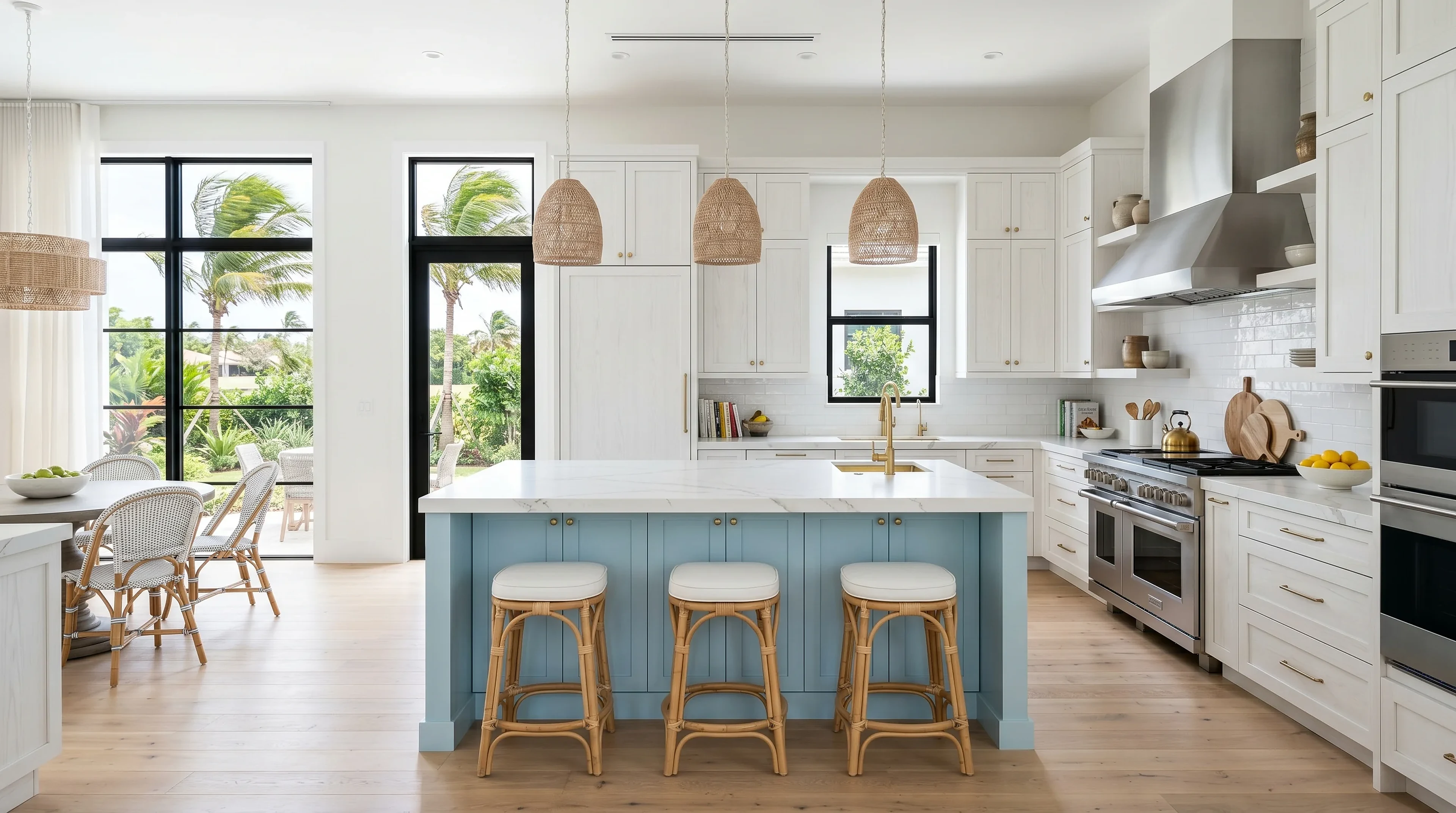 High-end Delray Beach kitchen remodel with custom cabinetry and a stone waterfall island