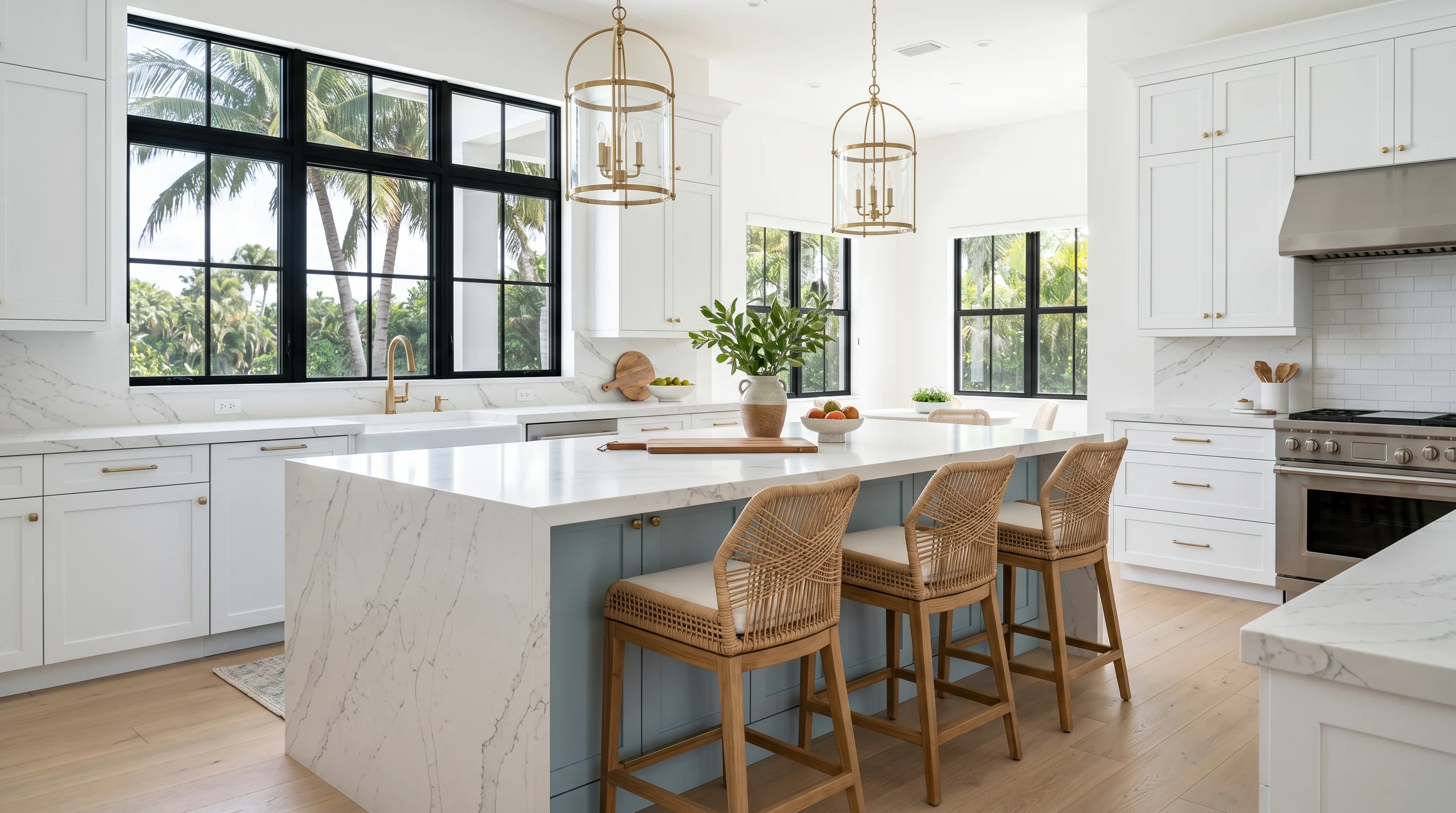 Luxury Delray Beach kitchen with cabinet storage, quartzite-style island, and brass accents