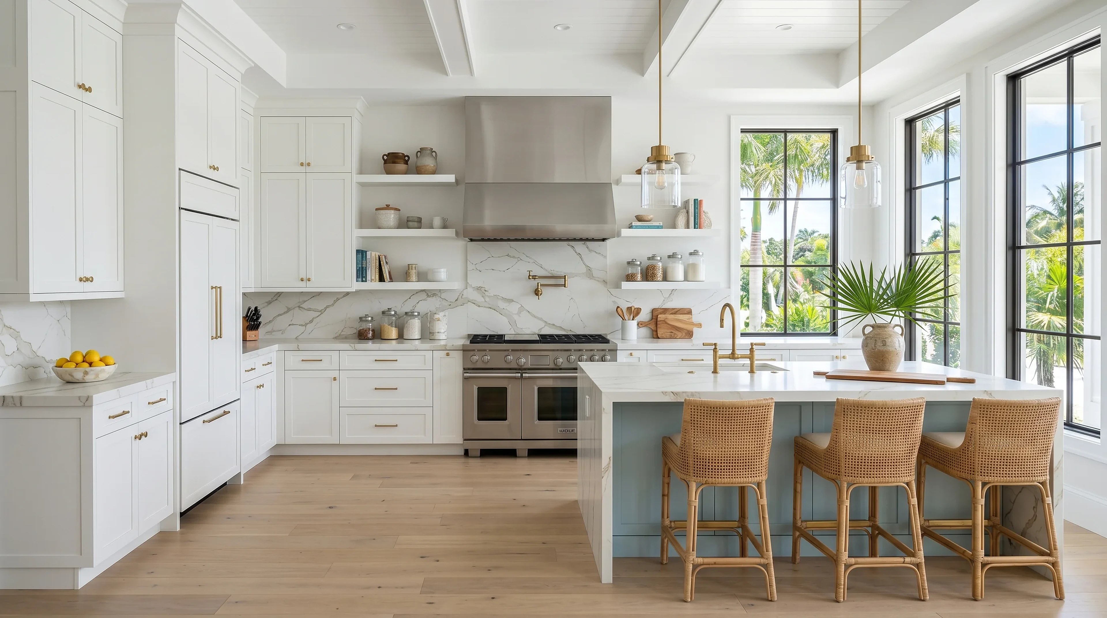 Upscale Delray Beach kitchen island design with premium stone counters and warm lighting