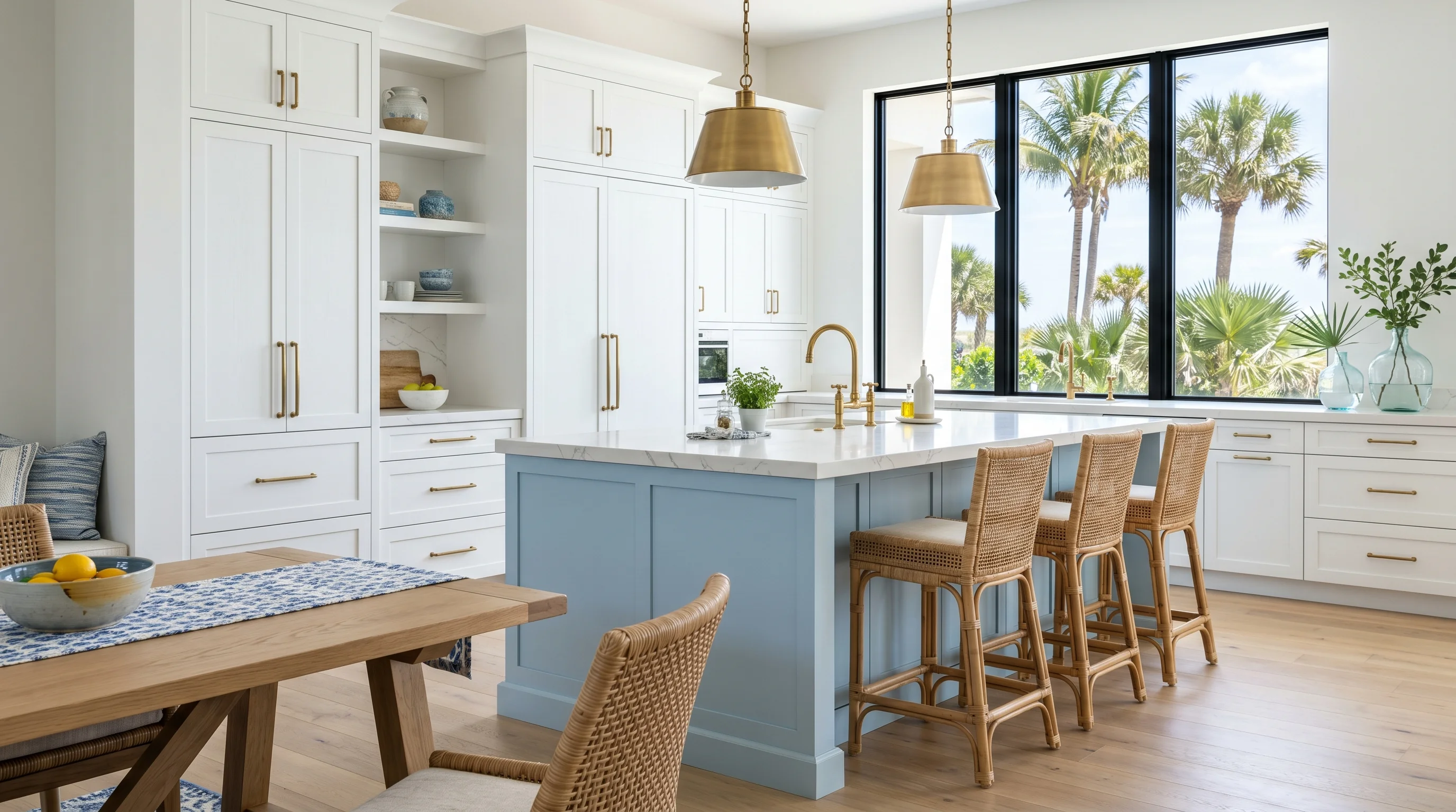 Bright Delray Beach kitchen remodel with large island, cabinet storage, and stone surfaces