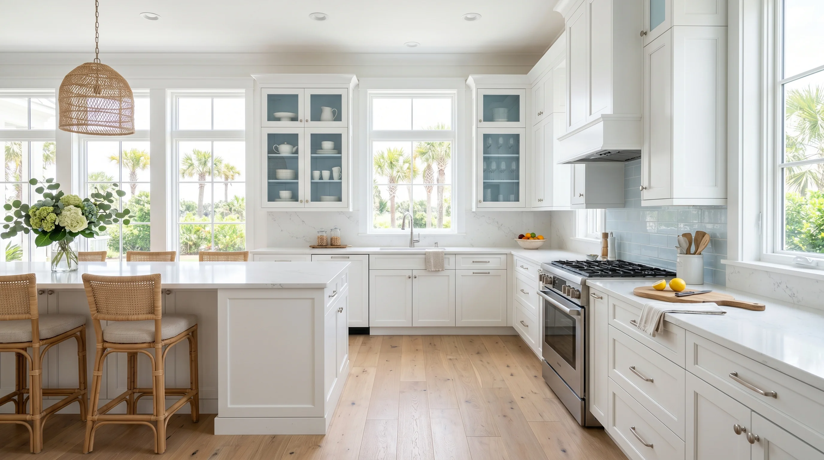 Modern Delray Beach kitchen remodel with waterfall island and coordinated cabinet finishes