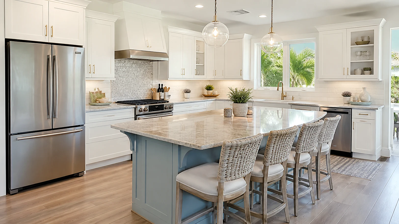 Luxury Greenacres kitchen with cabinet storage, quartzite-style island, and brass accents