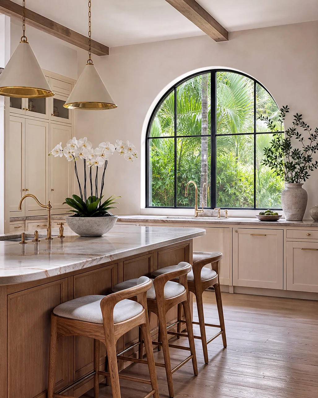 Modern Greenacres kitchen remodel with waterfall island and coordinated cabinet finishes