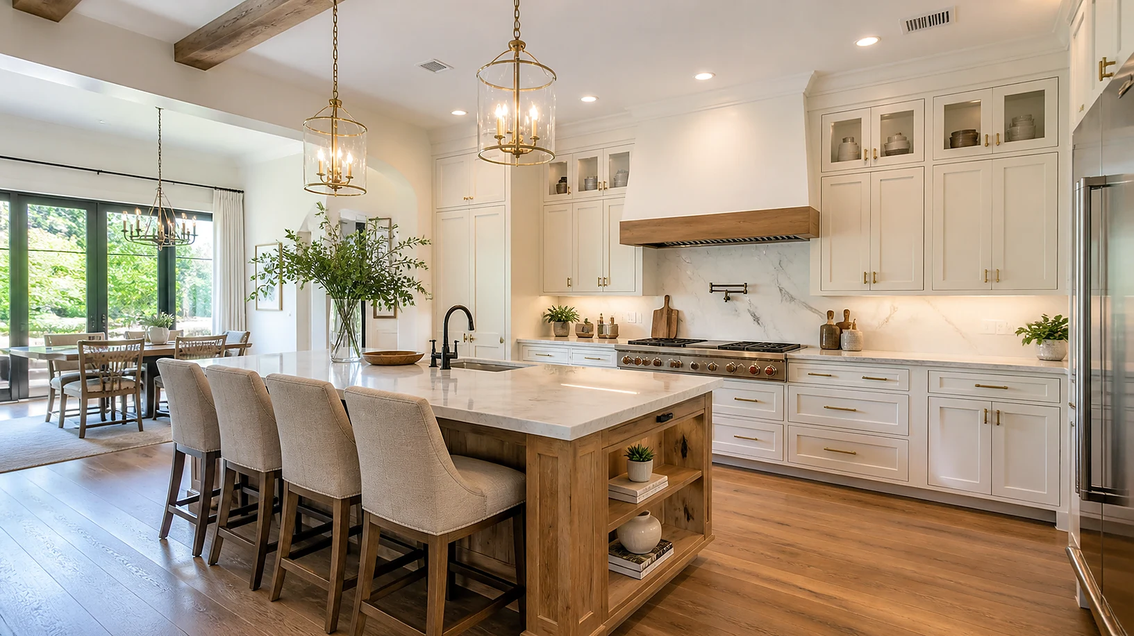 High-end Hypoluxo kitchen remodel with custom cabinetry and a stone waterfall island