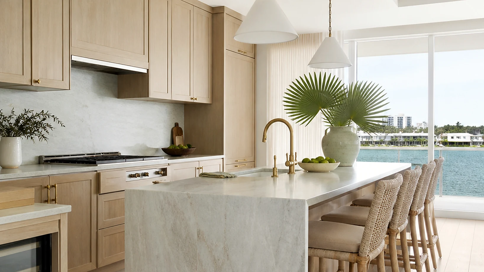 Upscale Hypoluxo kitchen island design with premium stone counters and warm lighting