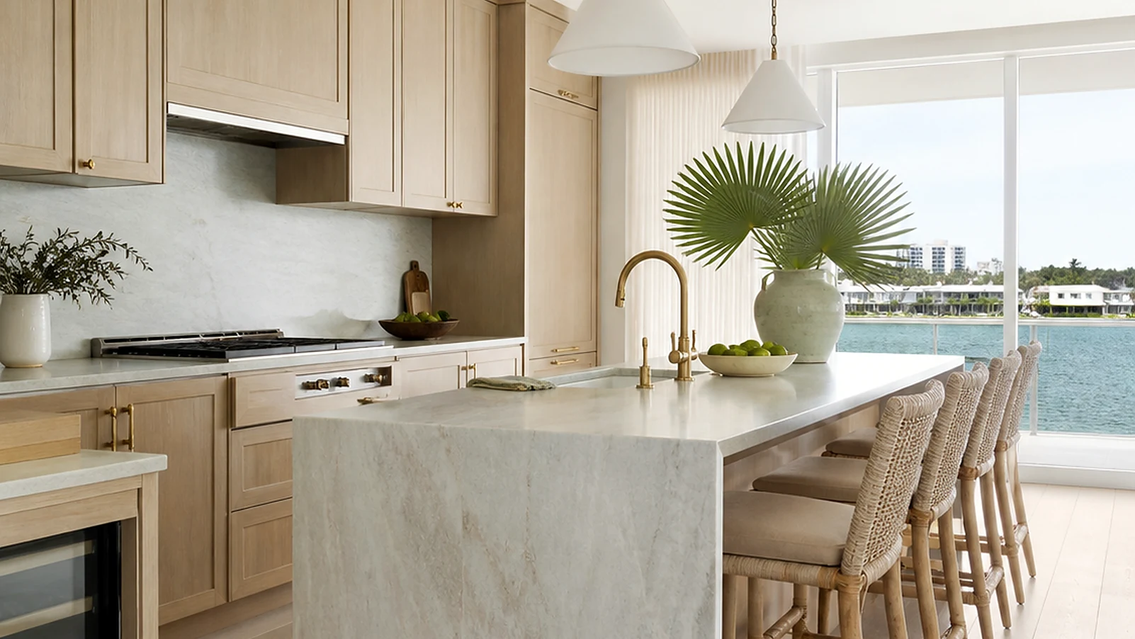 Luxury Juno Beach kitchen with cabinet storage, quartzite-style island, and brass accents