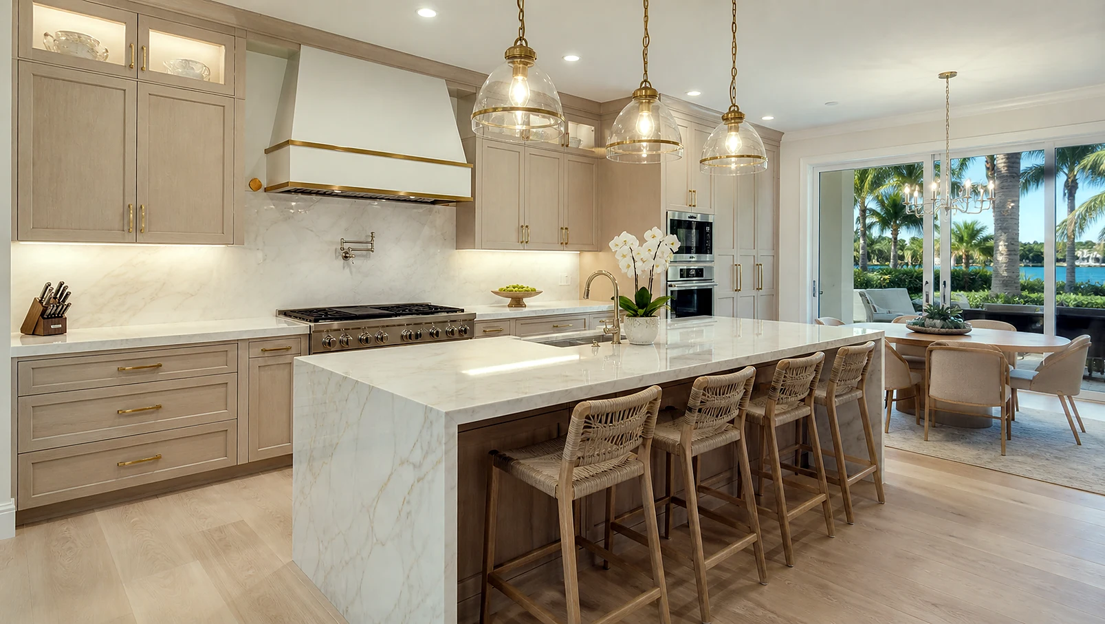 Luxury Juno Beach kitchen material inspiration with marble-look counters and designer lighting