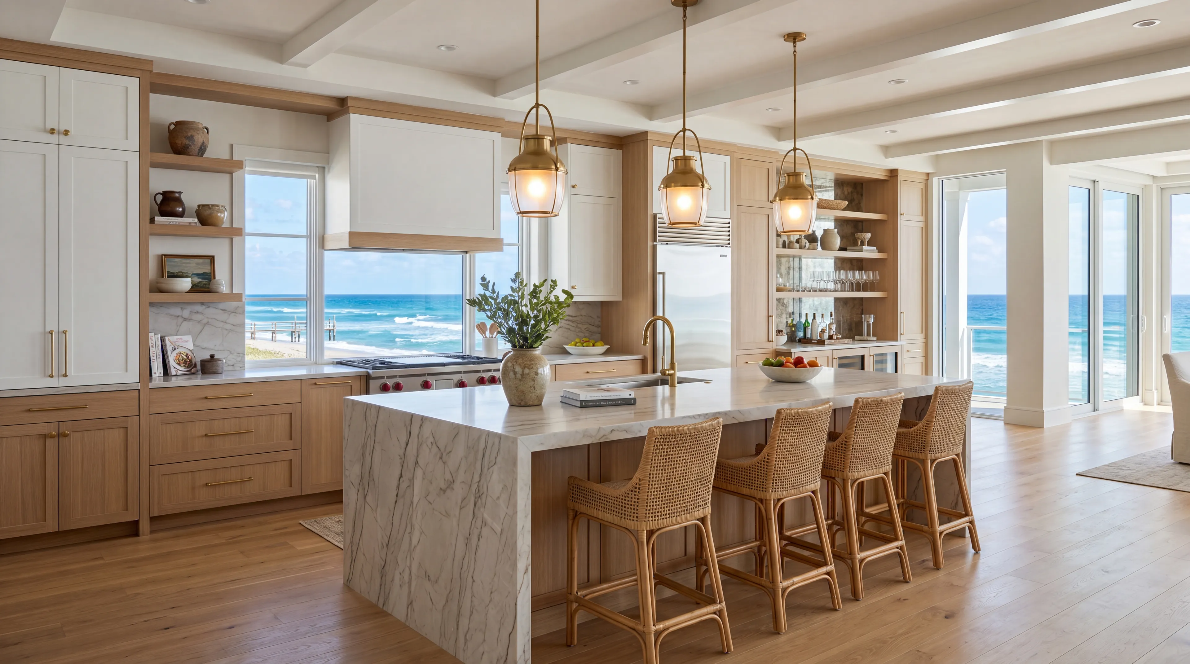 High-end Jupiter kitchen remodel with custom cabinetry and a stone waterfall island