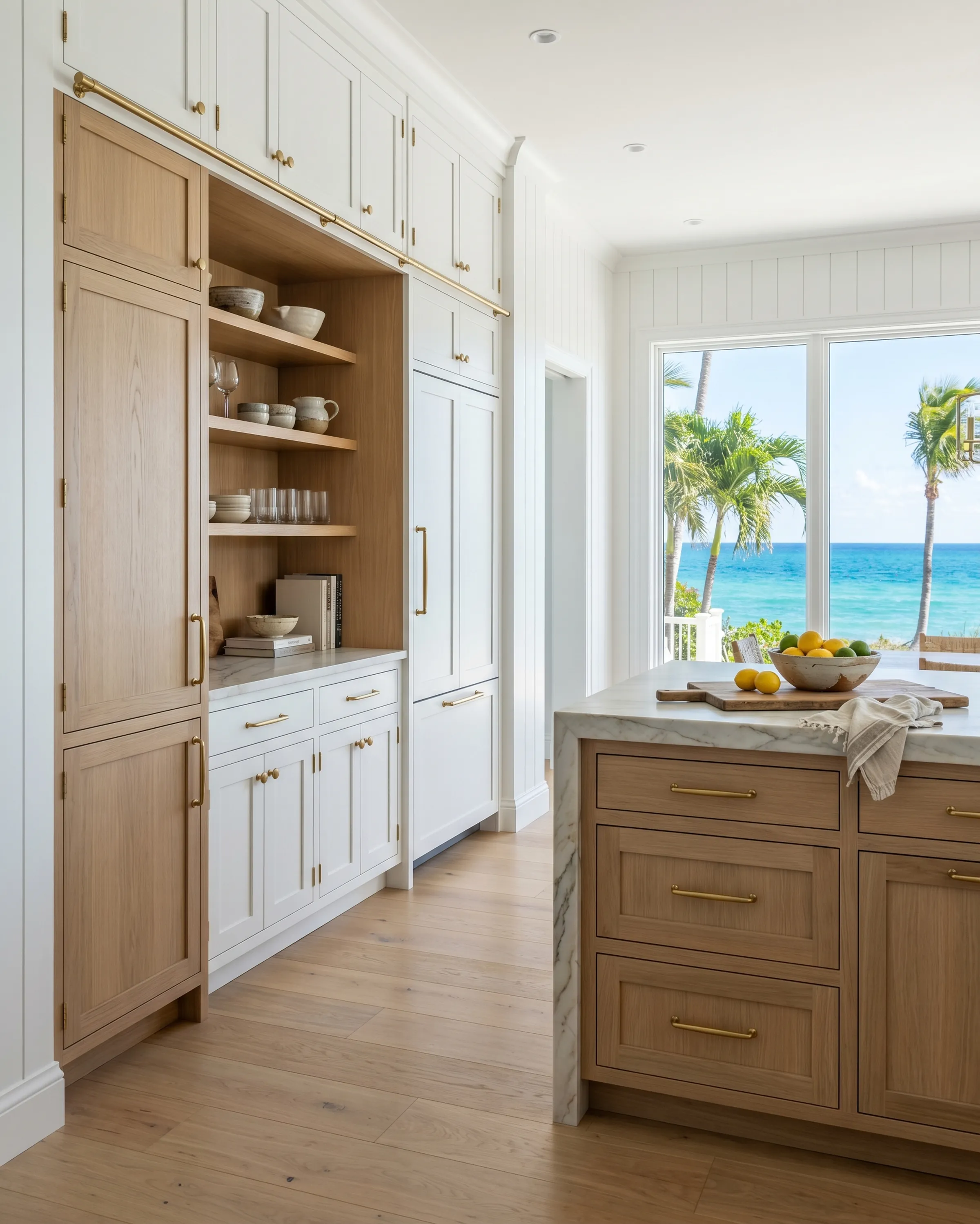 Luxury Jupiter kitchen with cabinet storage, quartzite-style island, and brass accents