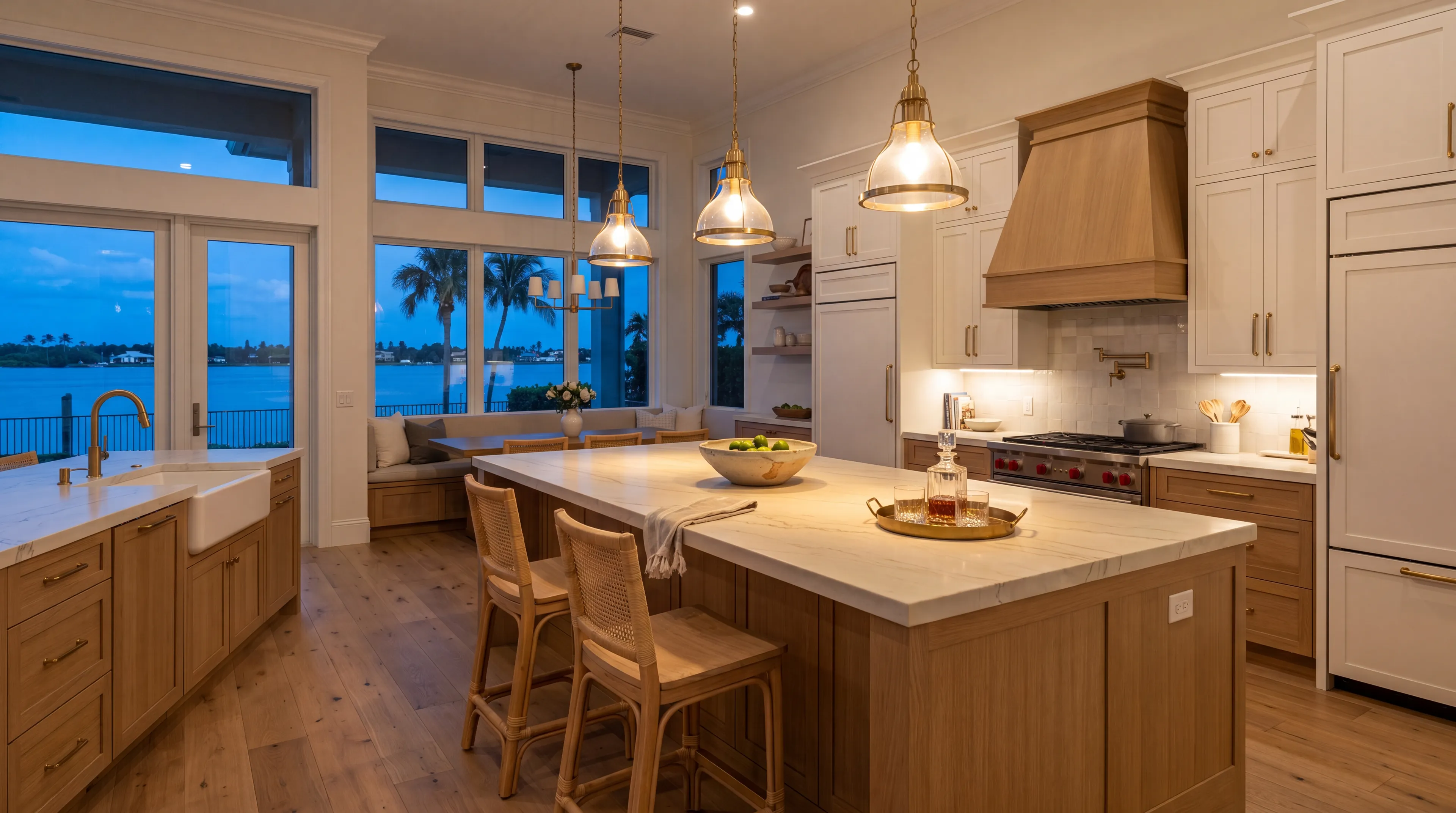 Upscale Jupiter kitchen island design with premium stone counters and warm lighting