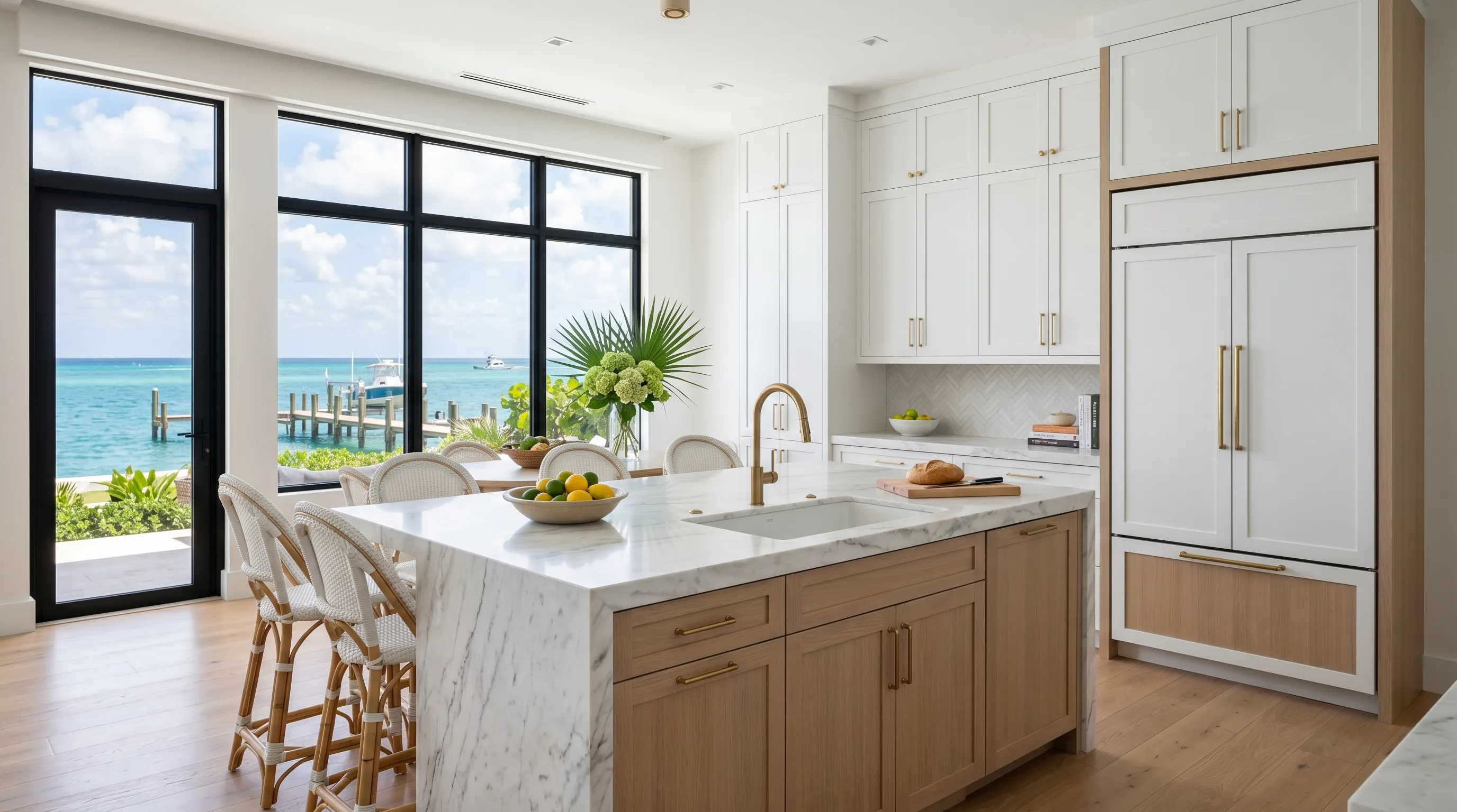 Modern Jupiter kitchen remodel with waterfall island and coordinated cabinet finishes