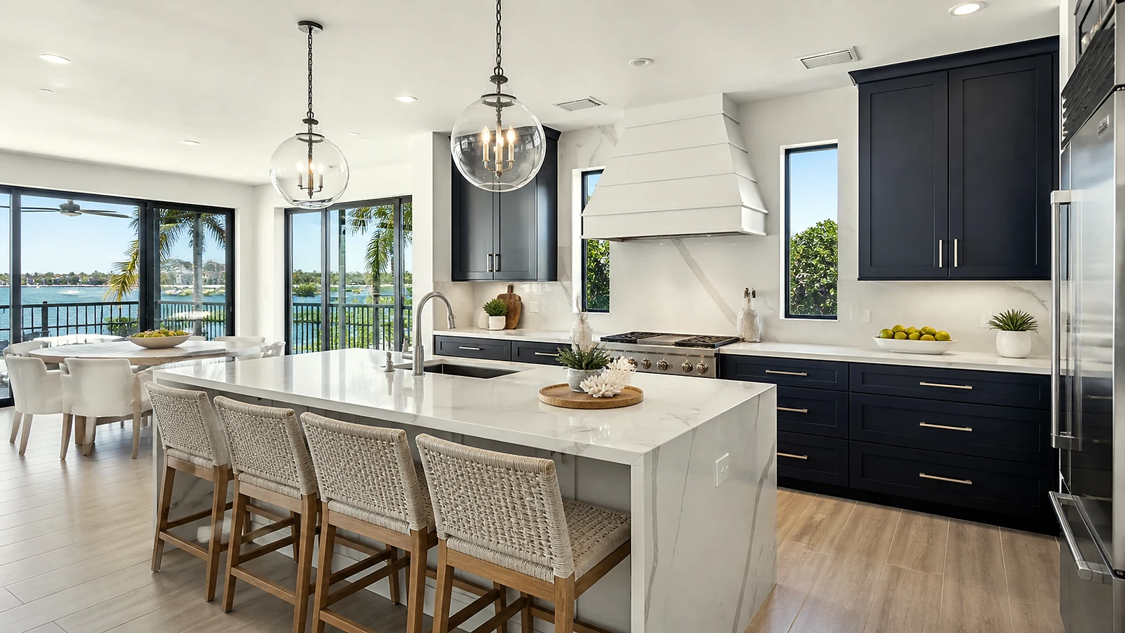 Luxury Lake Park kitchen with cabinet storage, quartzite-style island, and brass accents