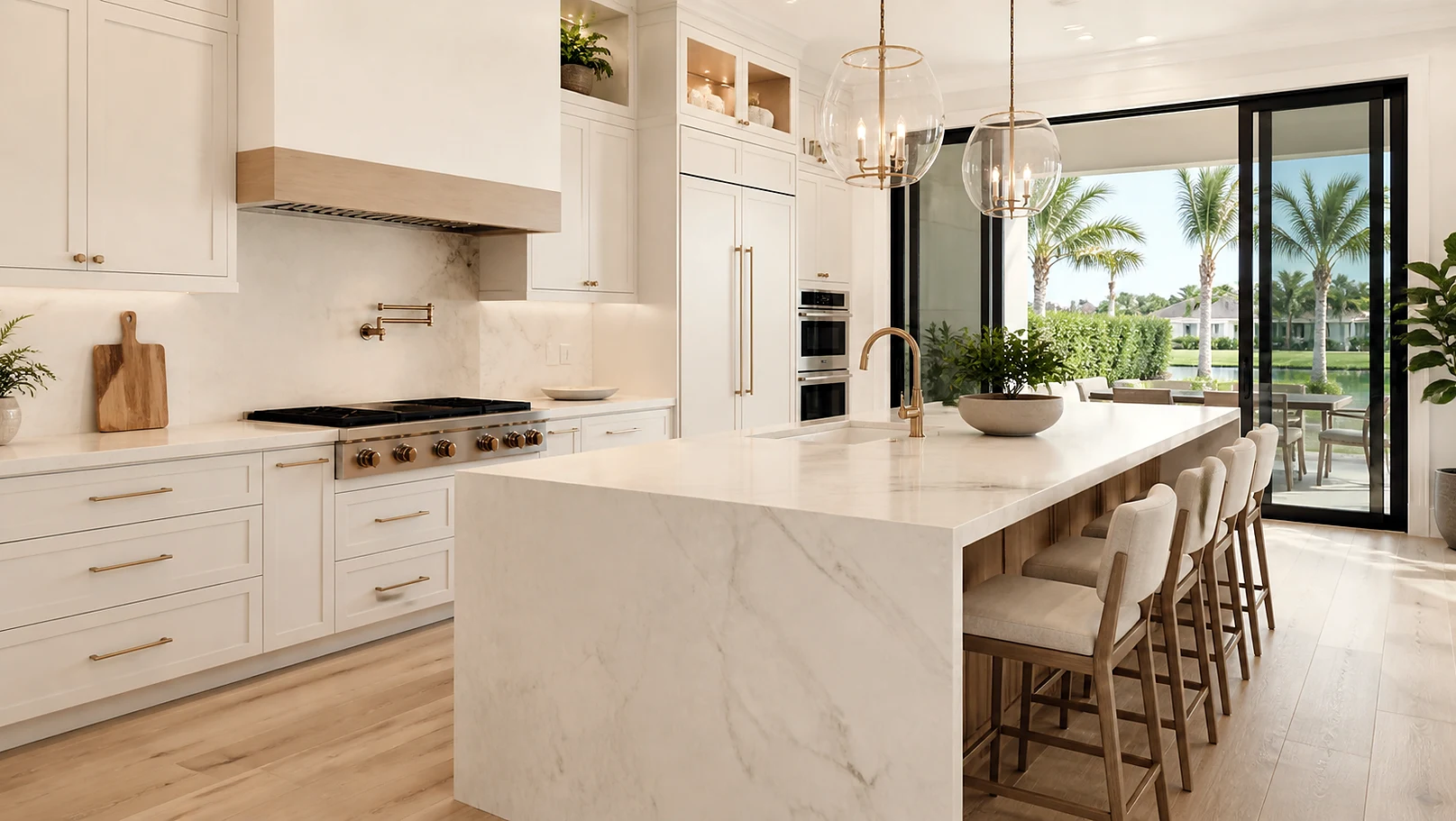 Luxury Lake Park kitchen material inspiration with marble-look counters and designer lighting