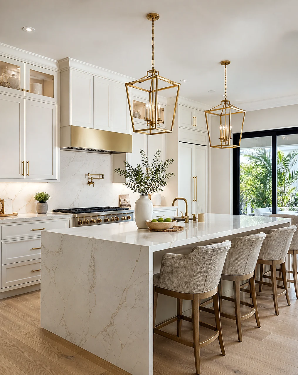 Modern Lake Park kitchen remodel with waterfall island and coordinated cabinet finishes