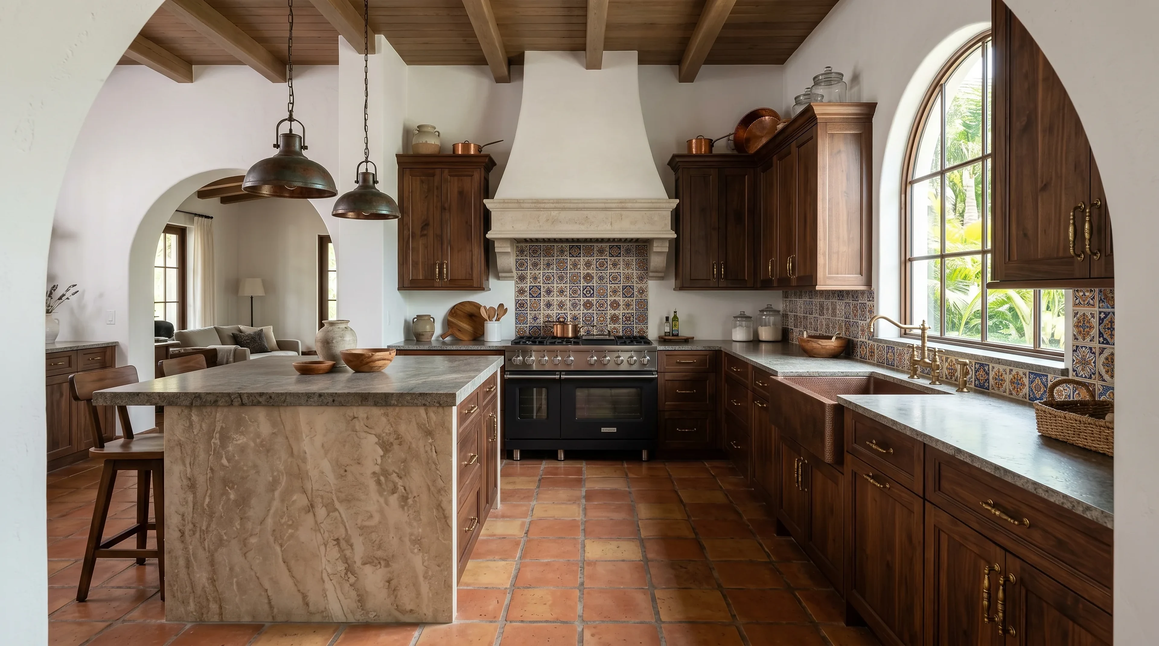 High-end Lake Worth kitchen remodel with custom cabinetry and a stone waterfall island
