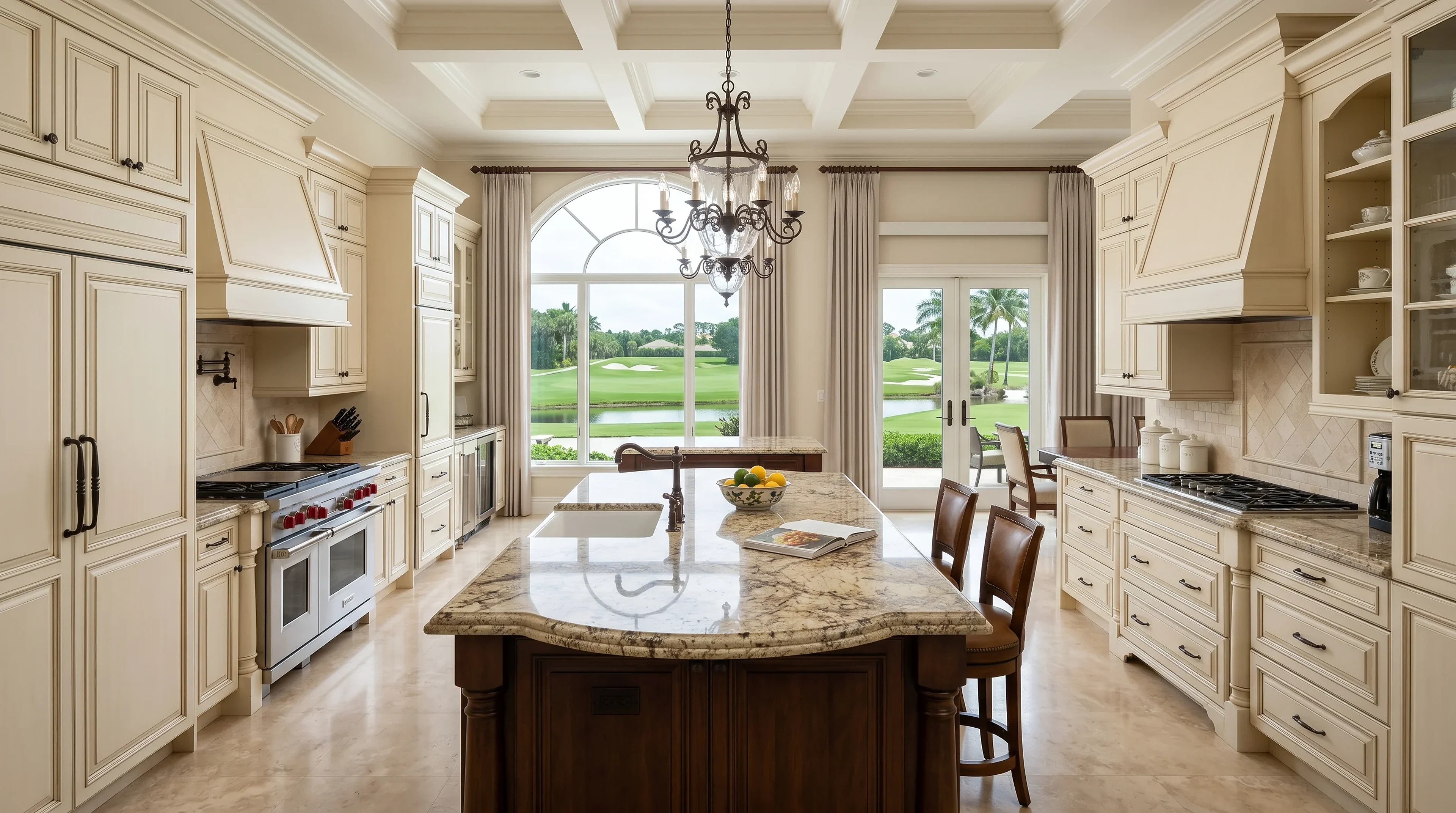 High-end Palm Beach Gardens kitchen remodel with custom cabinetry and a stone waterfall island