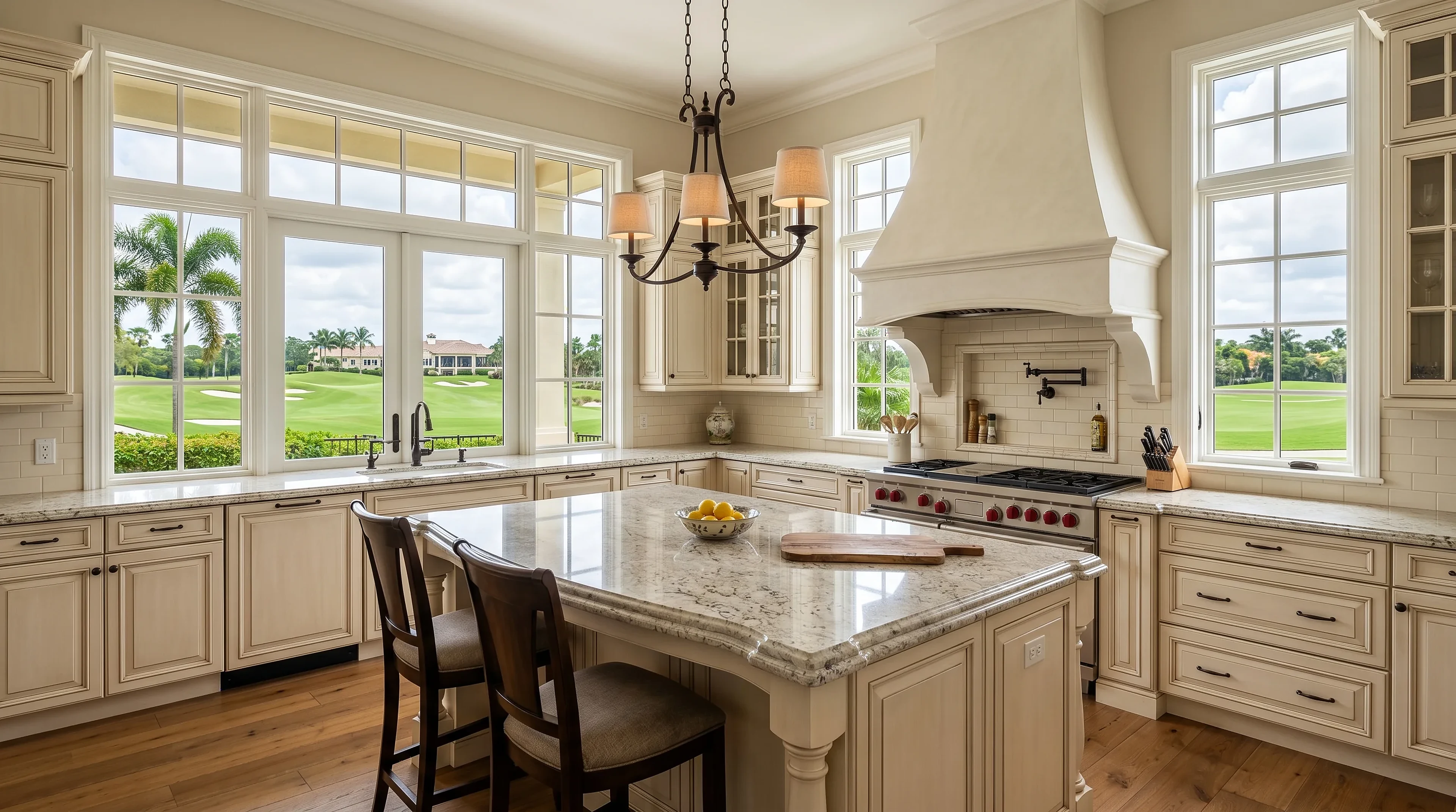 Upscale Palm Beach Gardens kitchen island design with premium stone counters and warm lighting