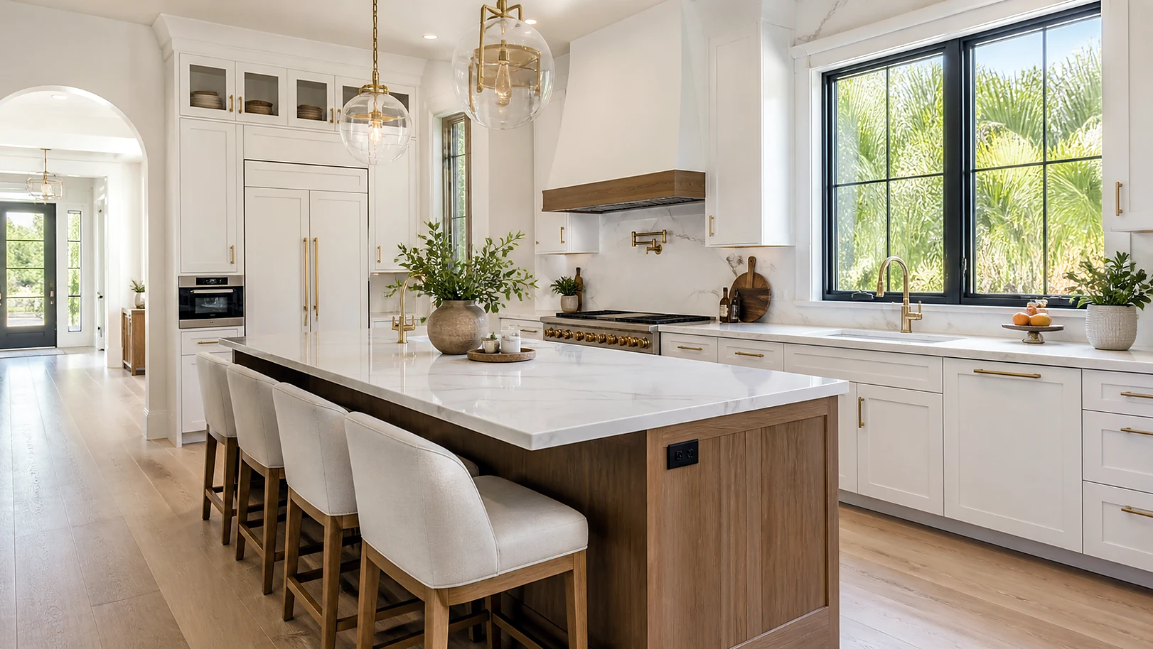 Bright Palm Springs kitchen remodel with large island, cabinet storage, and stone surfaces