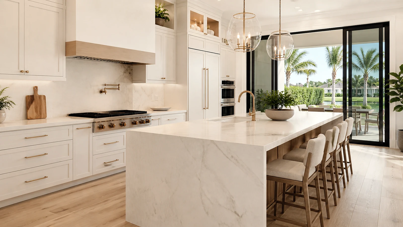 Luxury Palm Springs kitchen material inspiration with marble-look counters and designer lighting