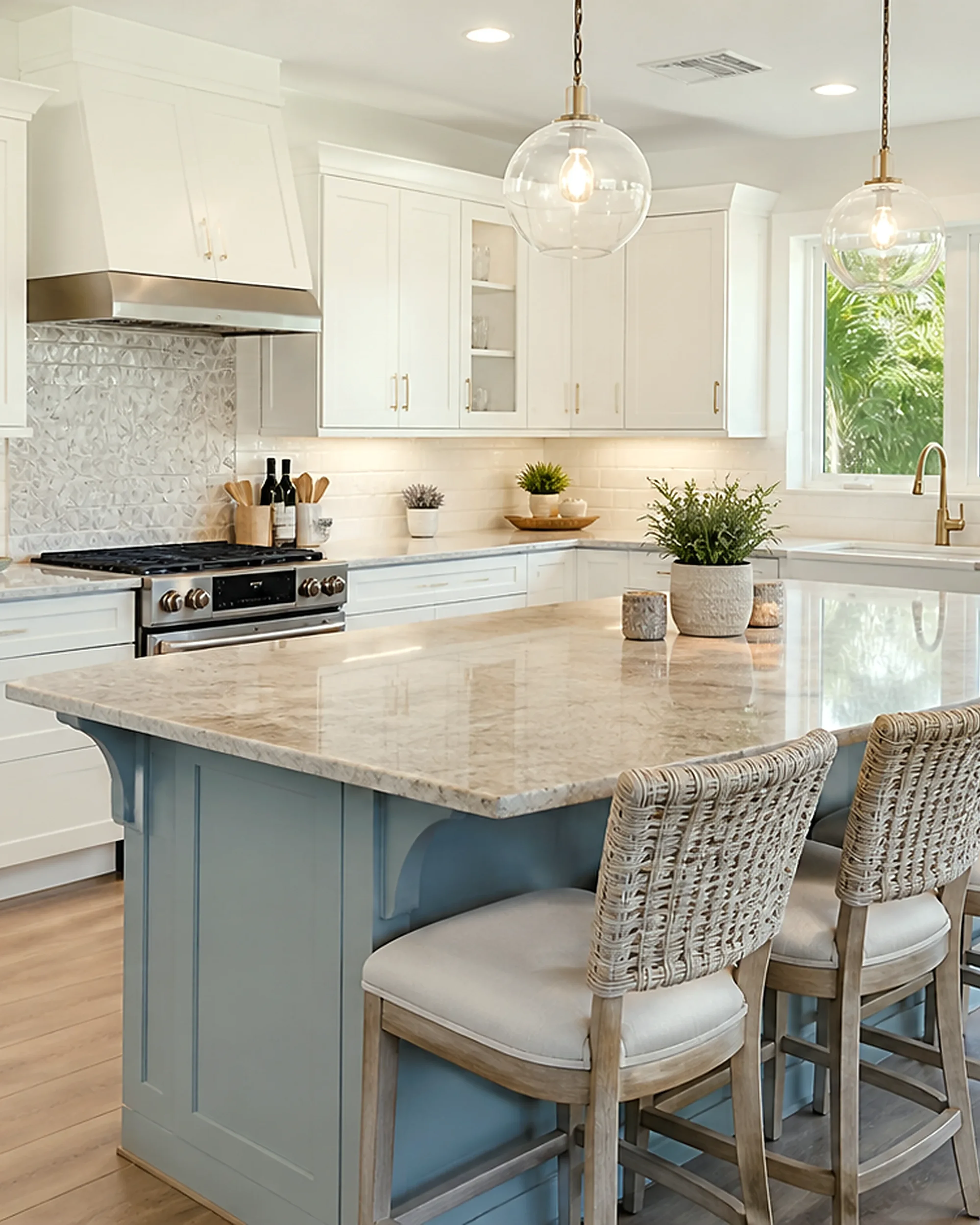 High-end Riviera Beach kitchen remodel with custom cabinetry and a stone waterfall island