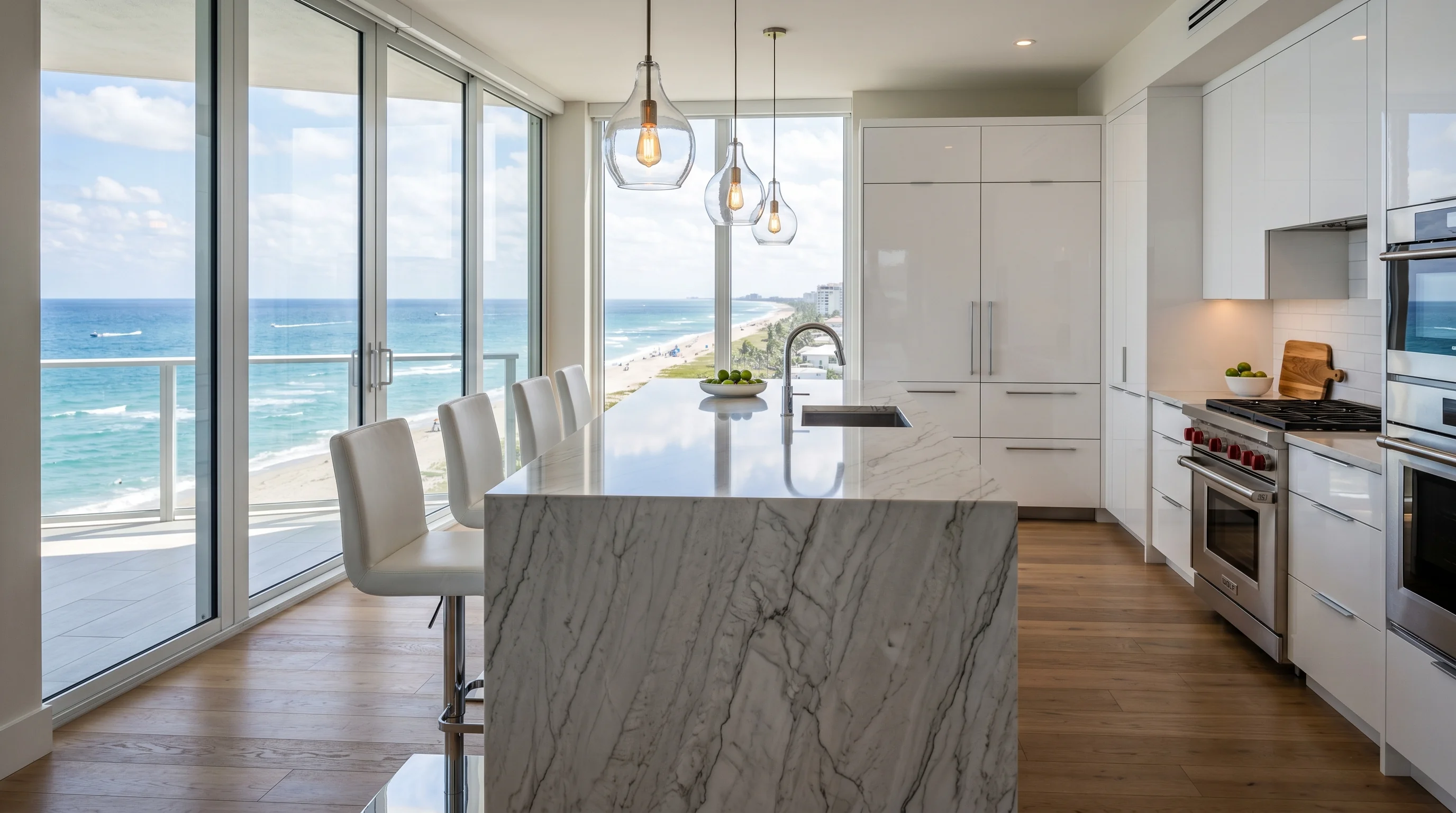 Luxury Riviera Beach kitchen with cabinet storage, quartzite-style island, and brass accents