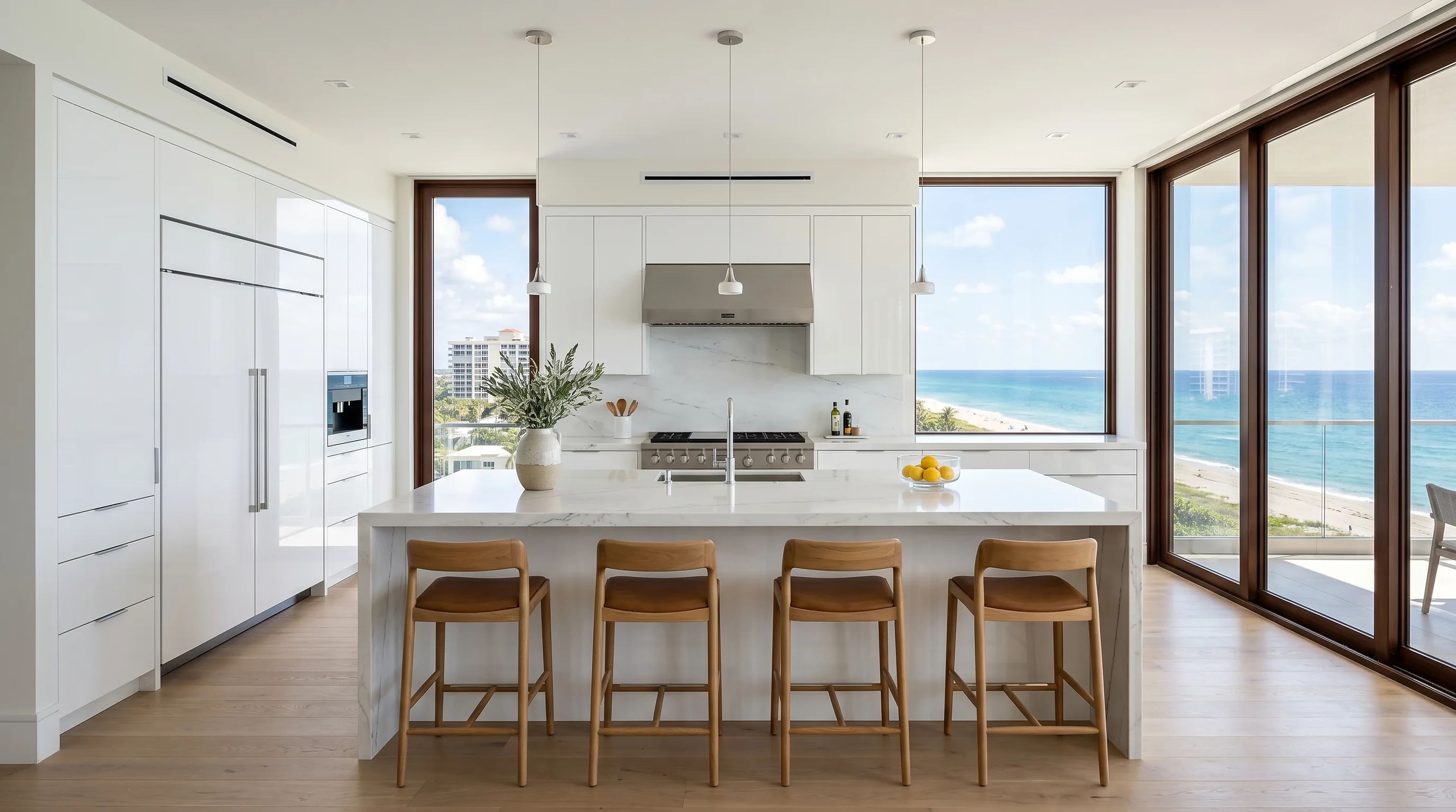 Upscale Riviera Beach kitchen island design with premium stone counters and warm lighting