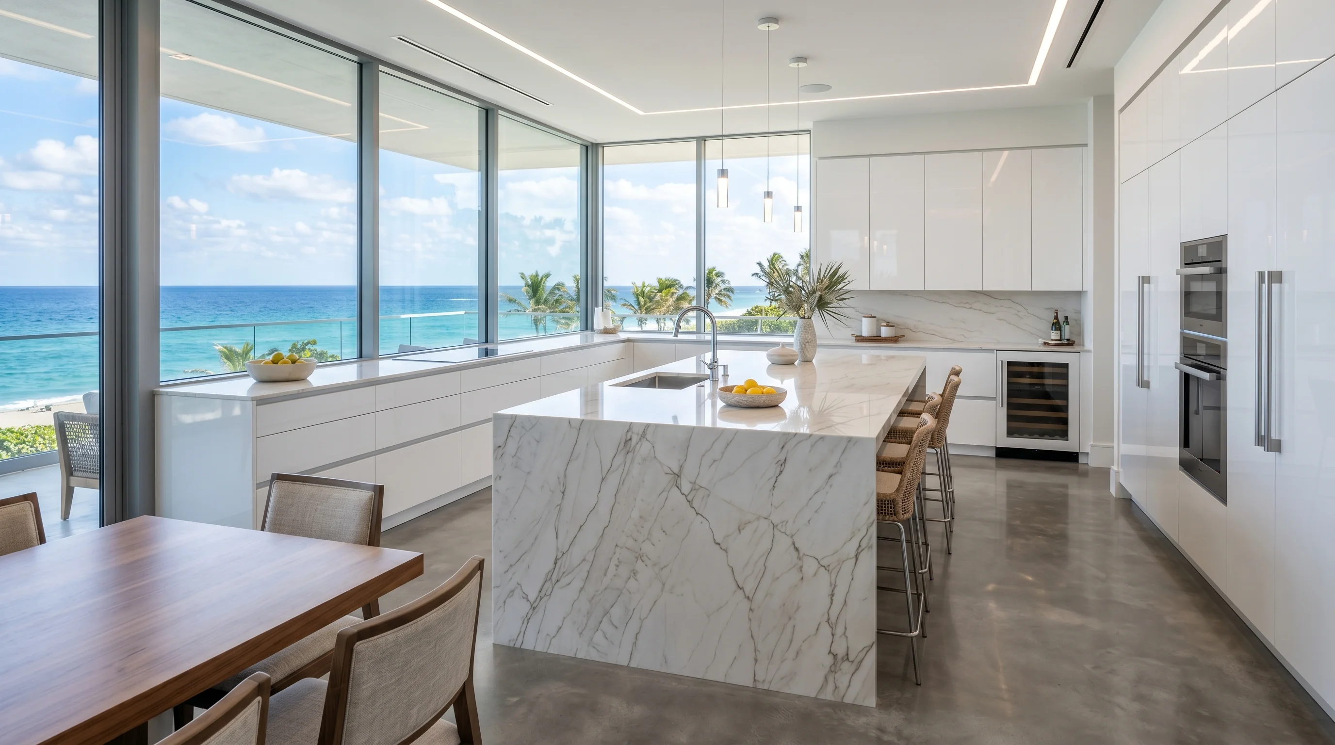 Bright Riviera Beach kitchen remodel with large island, cabinet storage, and stone surfaces