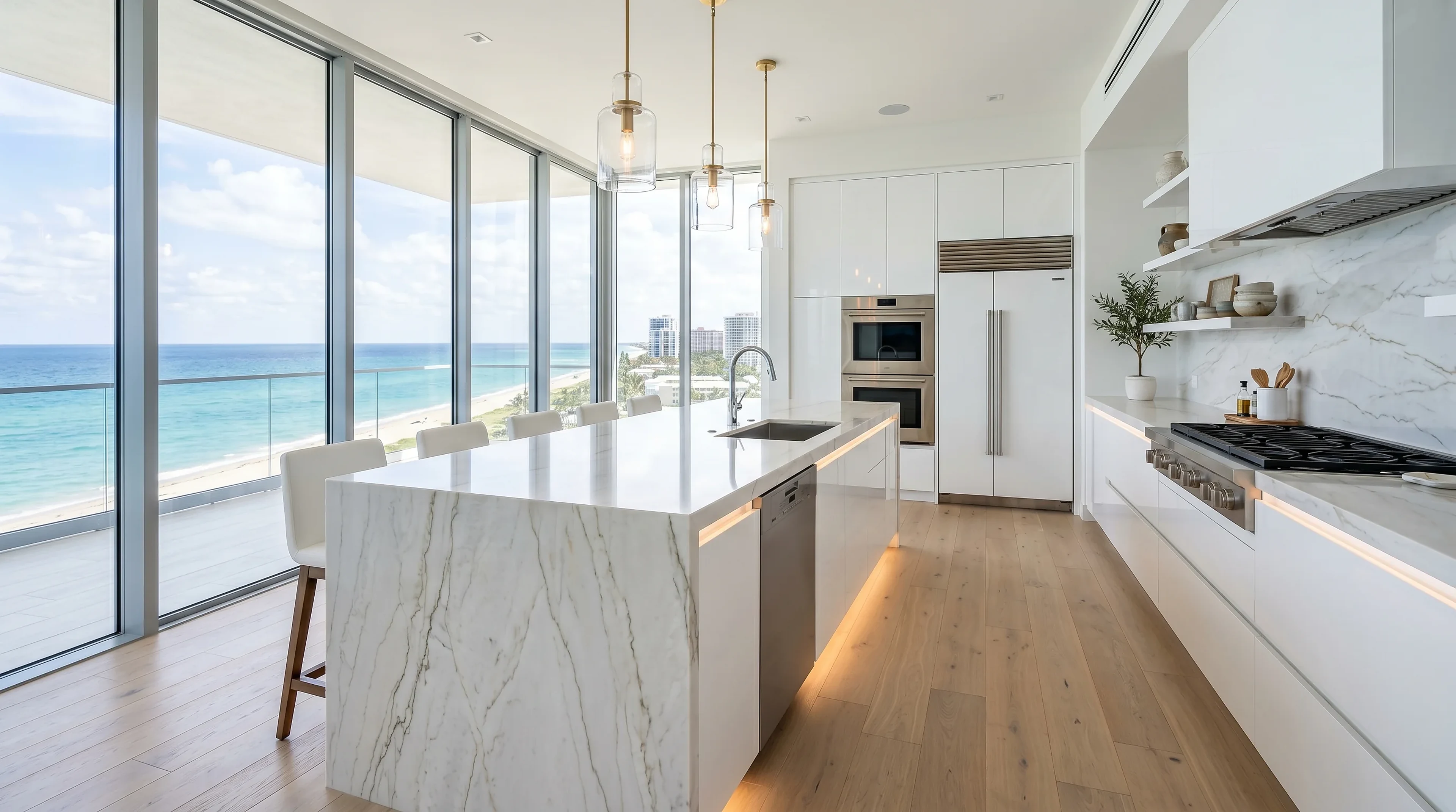 Luxury Riviera Beach kitchen material inspiration with marble-look counters and designer lighting