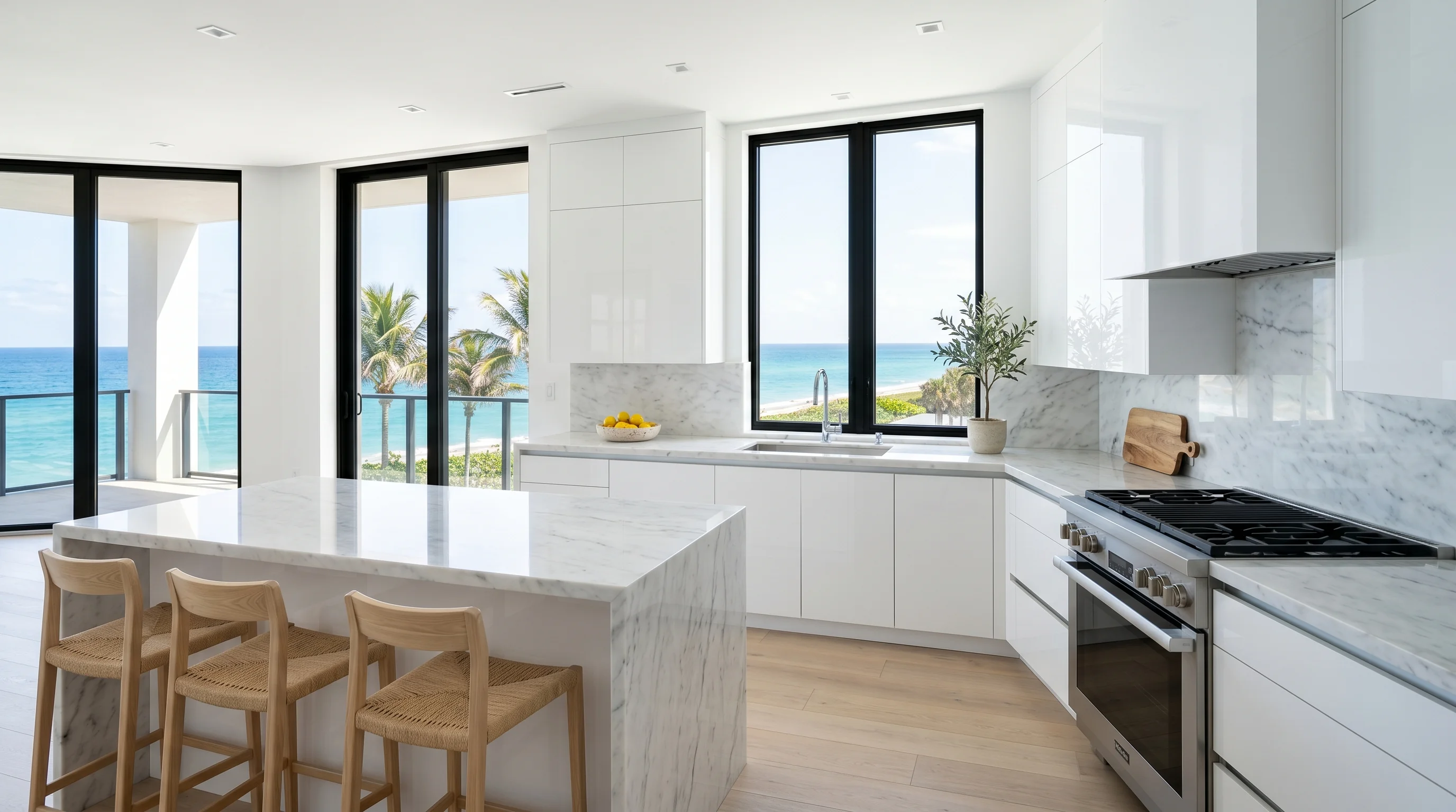 Modern Riviera Beach kitchen remodel with waterfall island and coordinated cabinet finishes