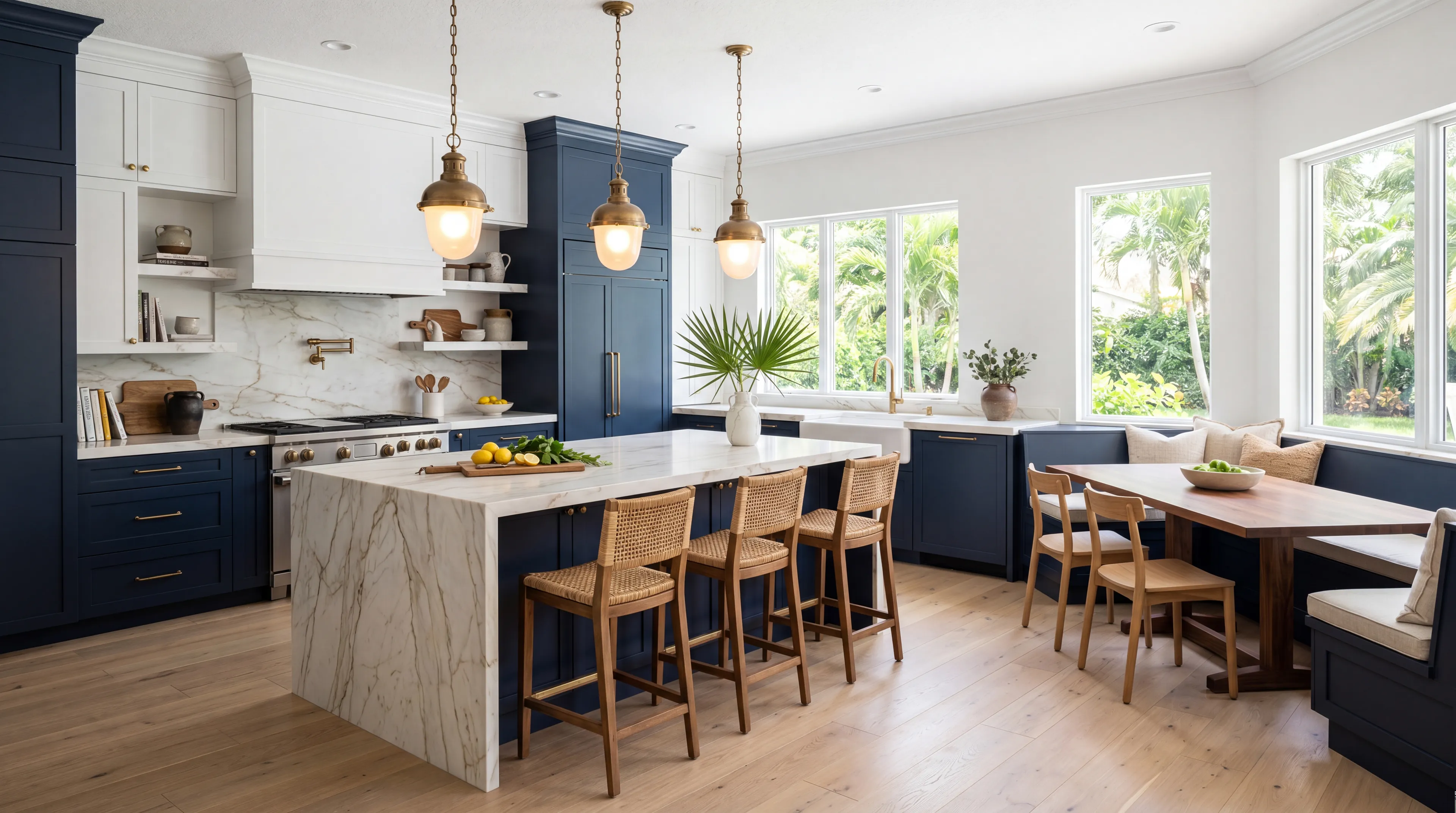 High-end Royal Palm Beach kitchen remodel with custom cabinetry and a stone waterfall island