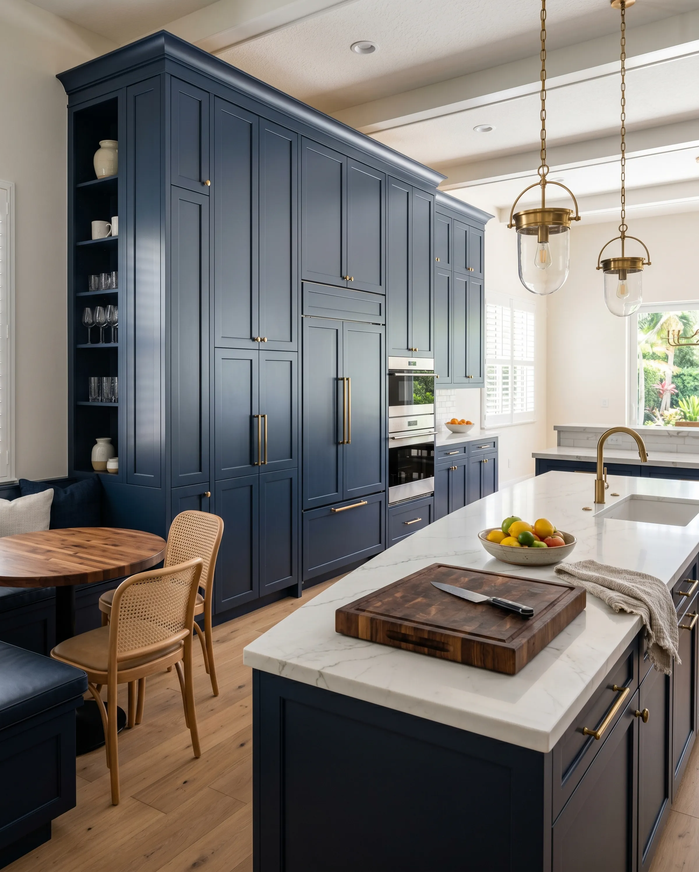 Luxury Royal Palm Beach kitchen with cabinet storage, quartzite-style island, and brass accents