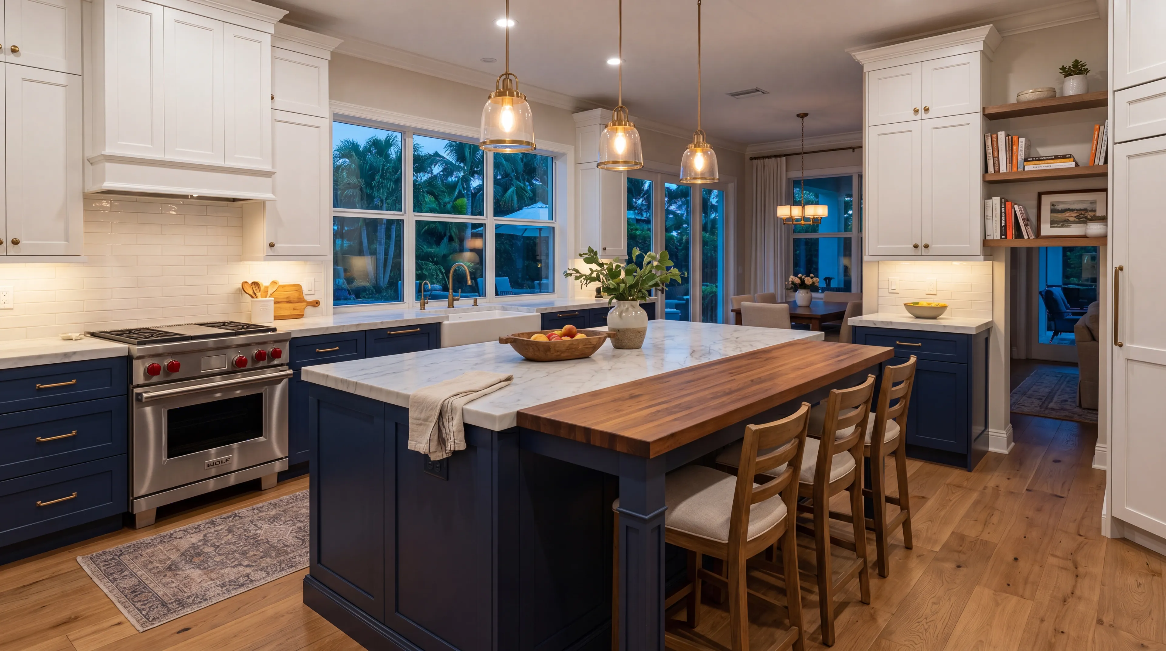 Upscale Royal Palm Beach kitchen island design with premium stone counters and warm lighting