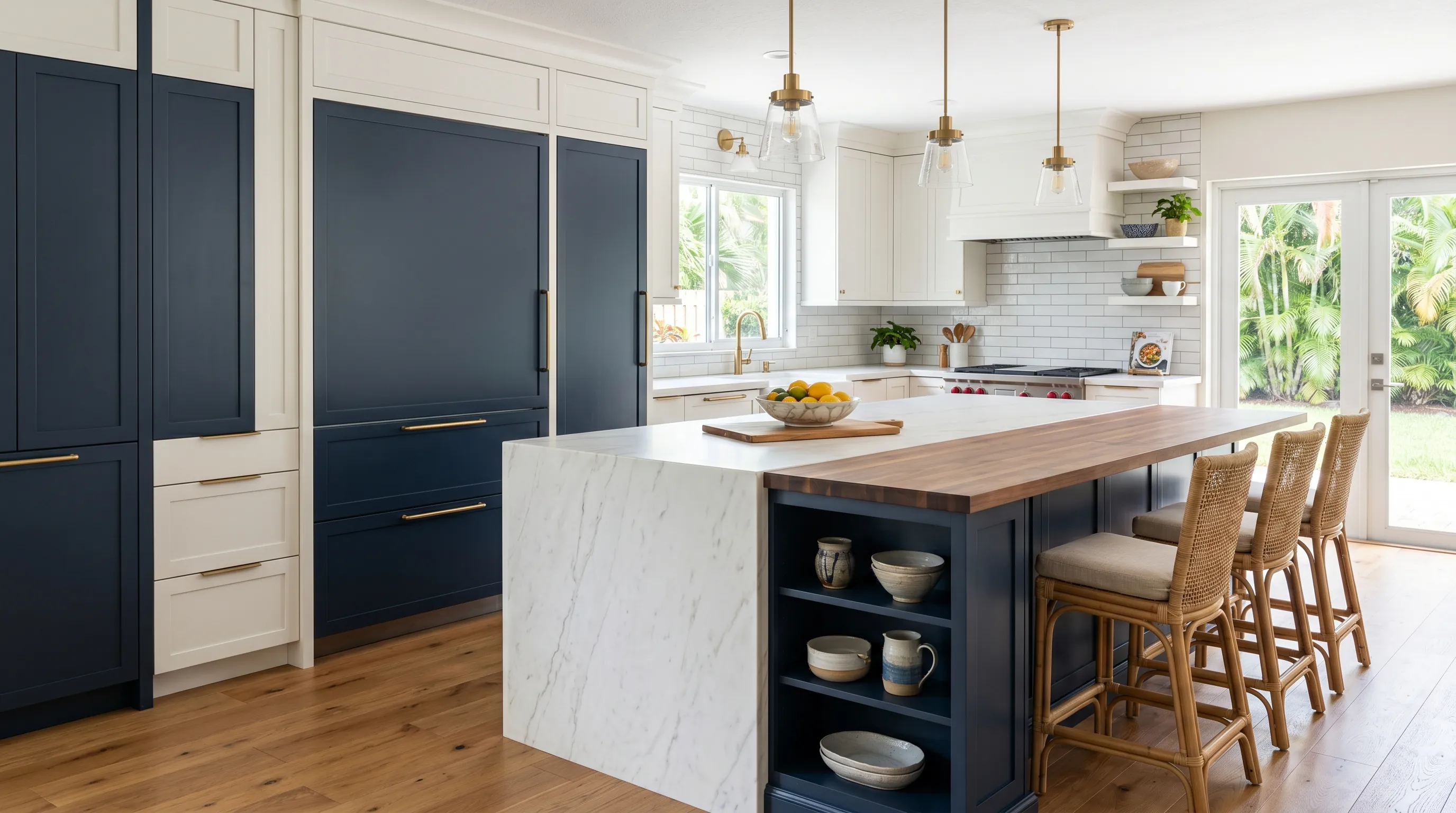 Modern Royal Palm Beach kitchen remodel with waterfall island and coordinated cabinet finishes