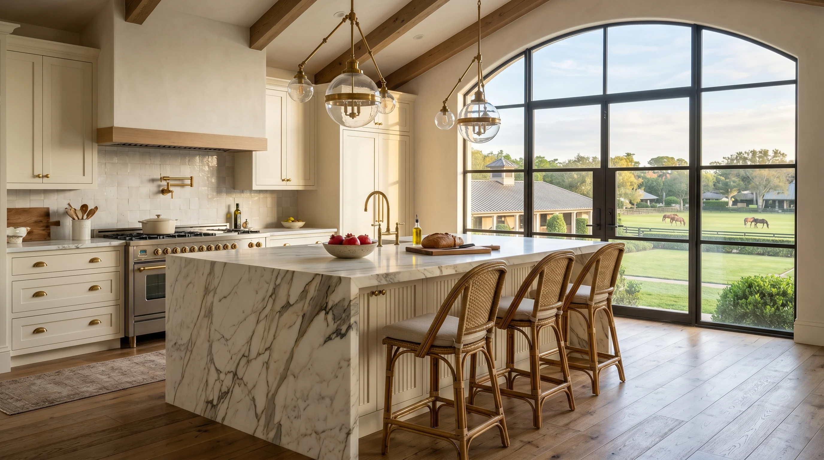 Luxury Wellington kitchen with cabinet storage, quartzite-style island, and brass accents