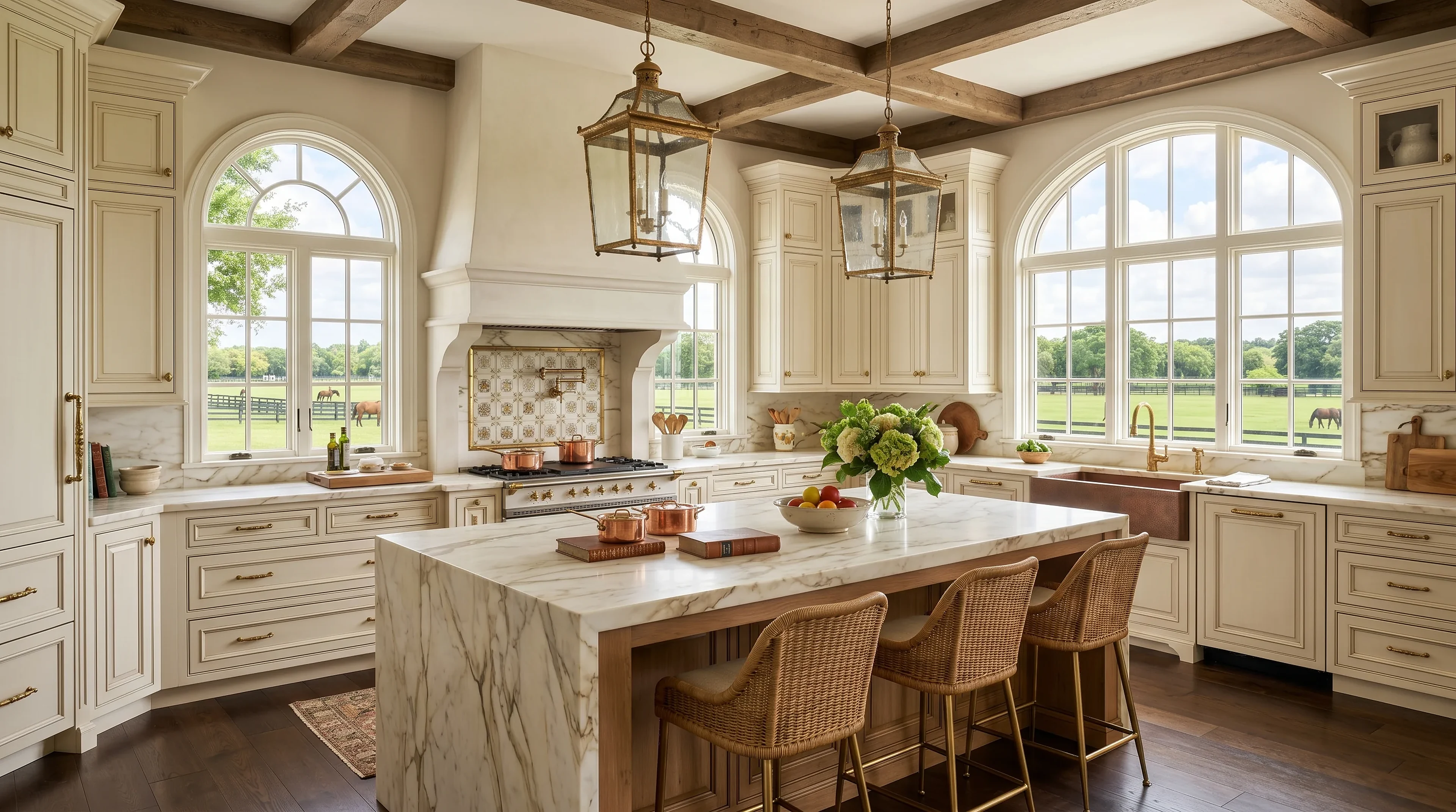 Upscale Wellington kitchen island design with premium stone counters and warm lighting