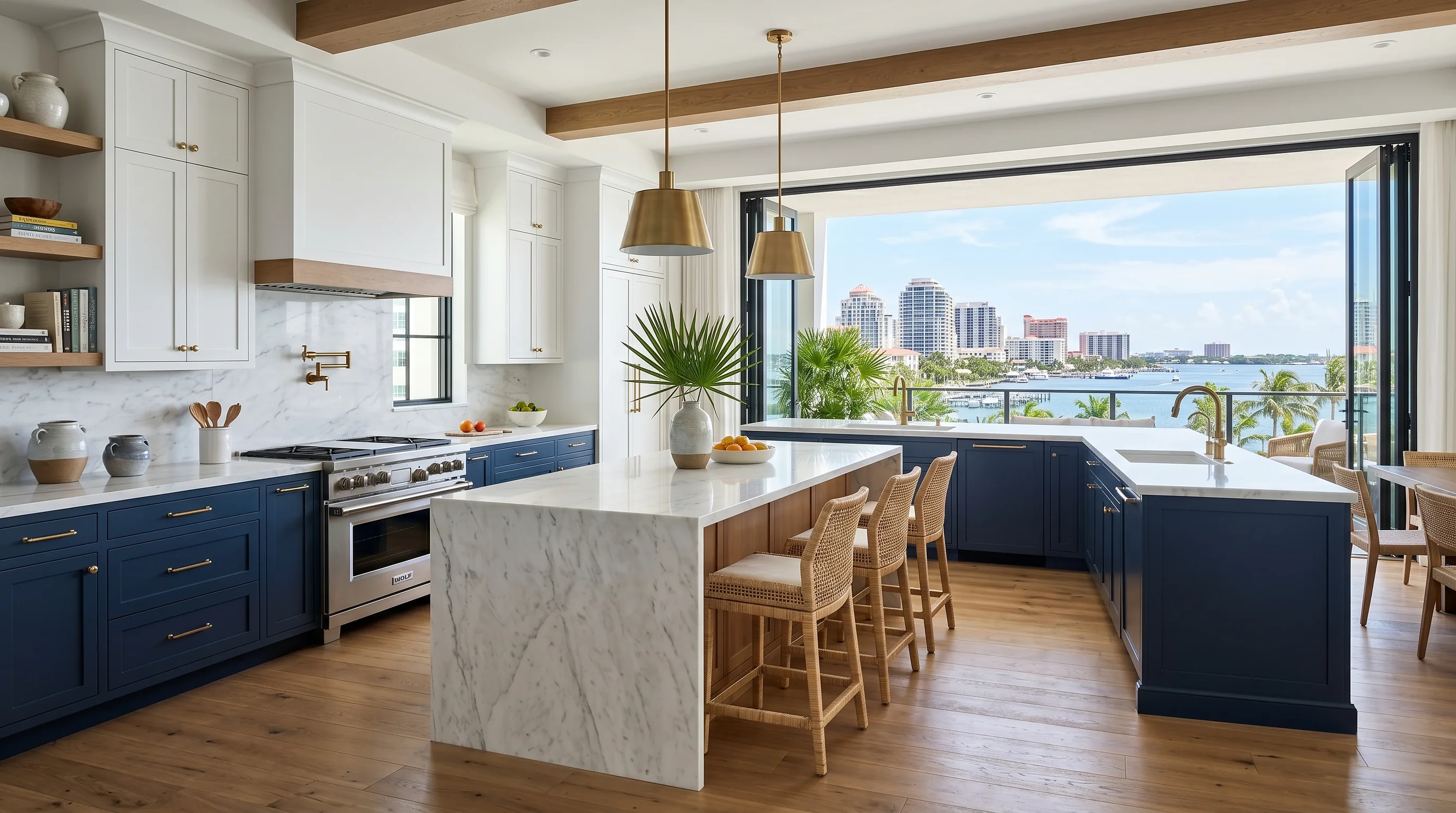 High-end West Palm Beach kitchen remodel with custom cabinetry and a stone waterfall island