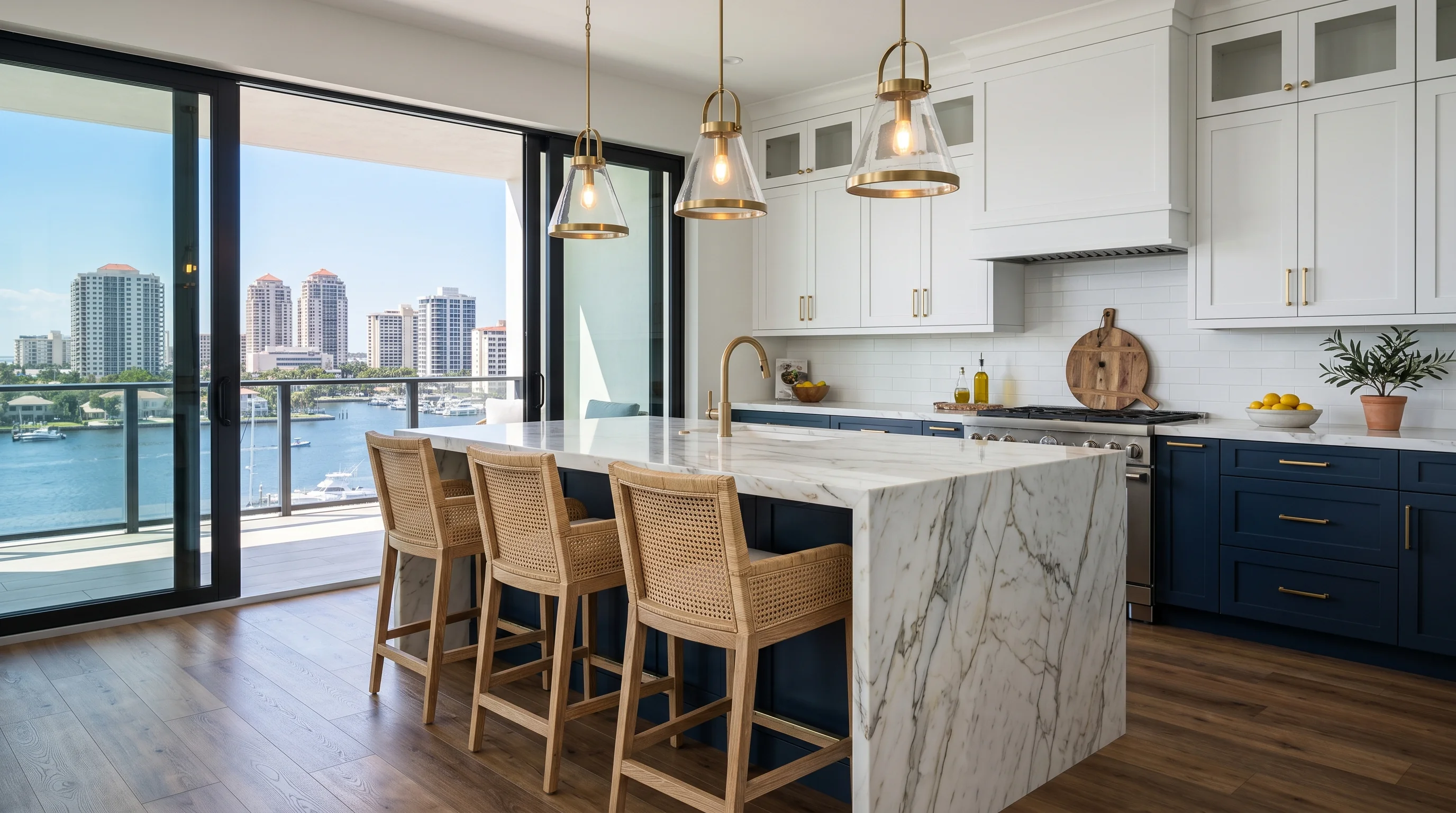 Luxury West Palm Beach kitchen with cabinet storage, quartzite-style island, and brass accents