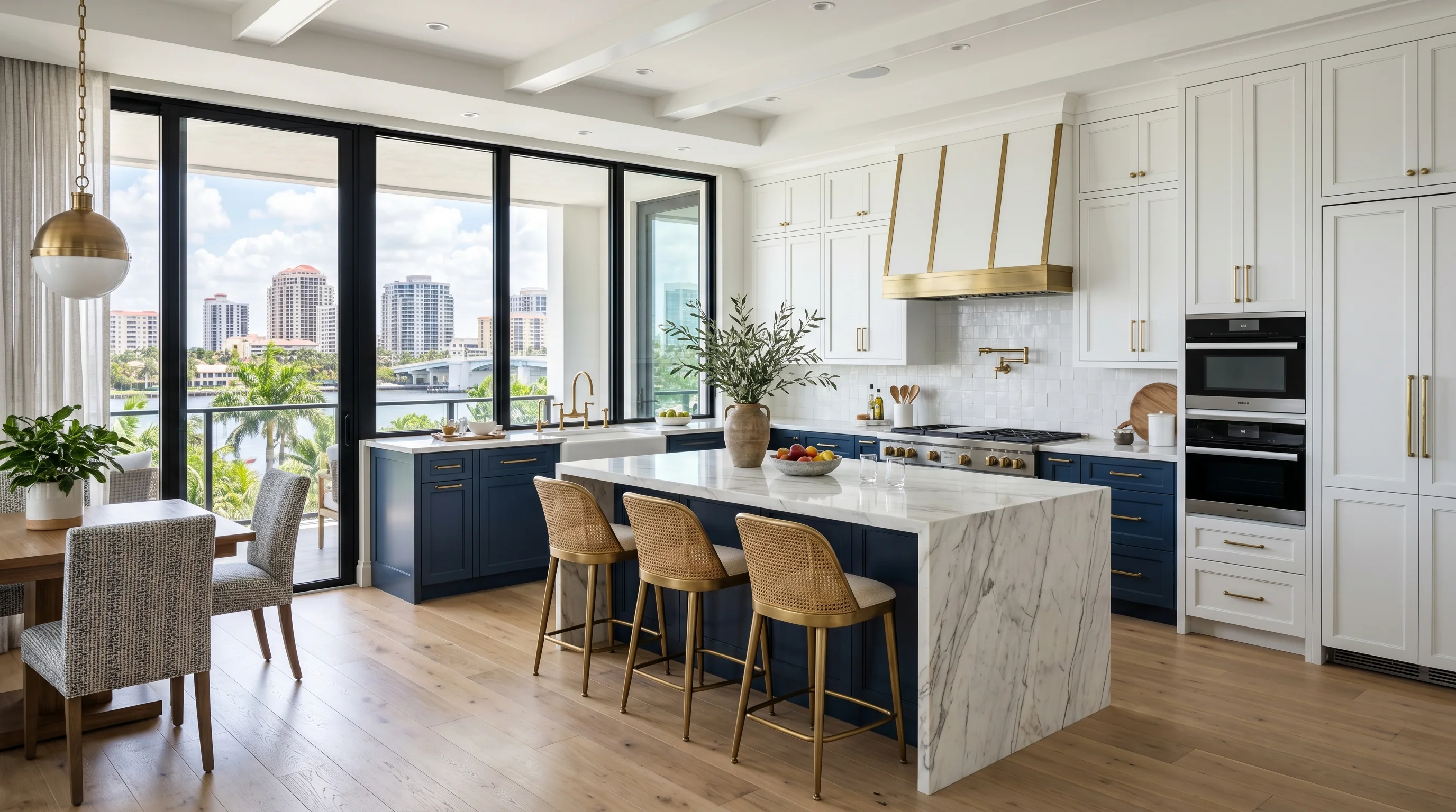 Bright West Palm Beach kitchen remodel with large island, cabinet storage, and stone surfaces