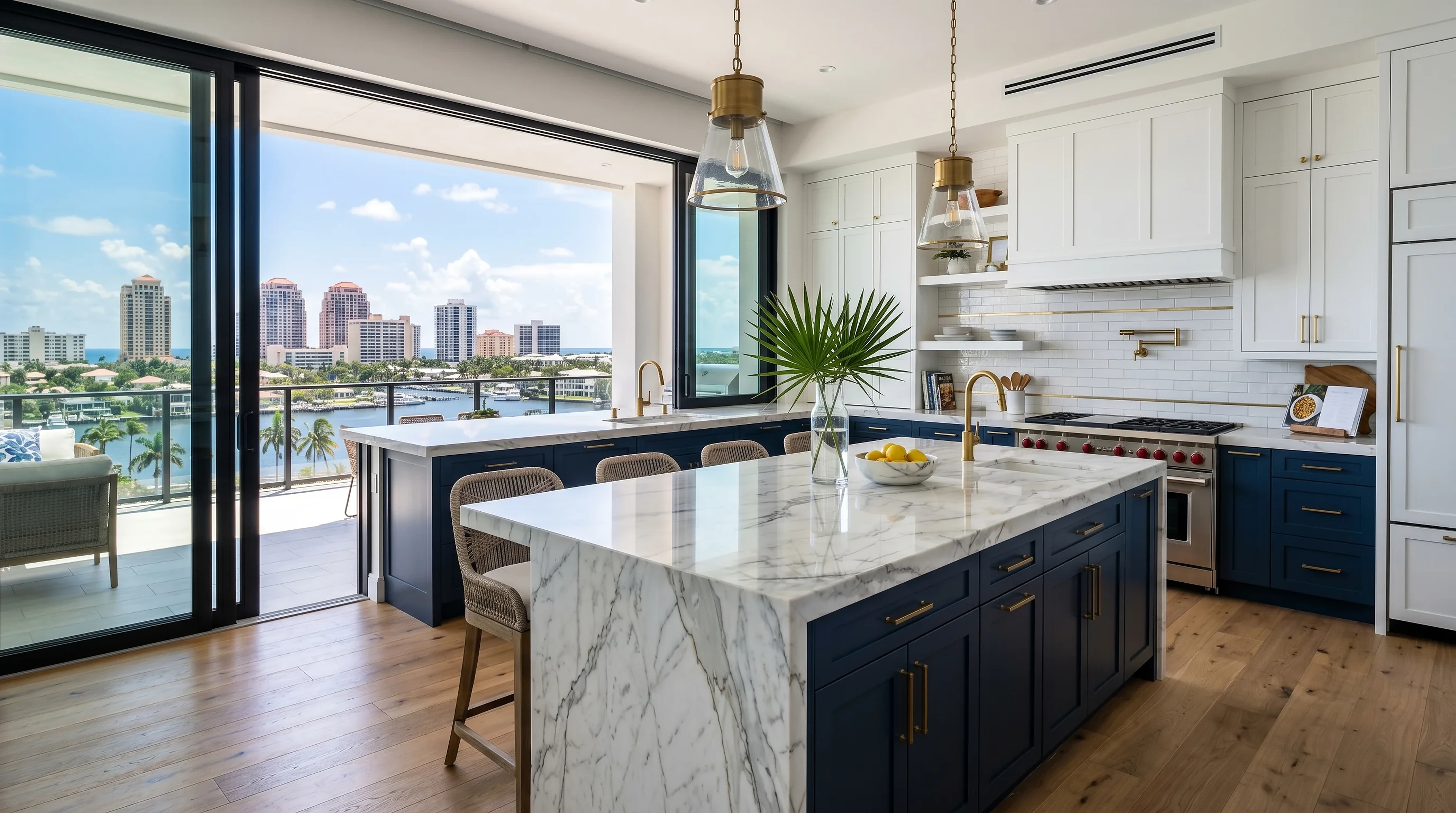 Luxury West Palm Beach kitchen material inspiration with marble-look counters and designer lighting